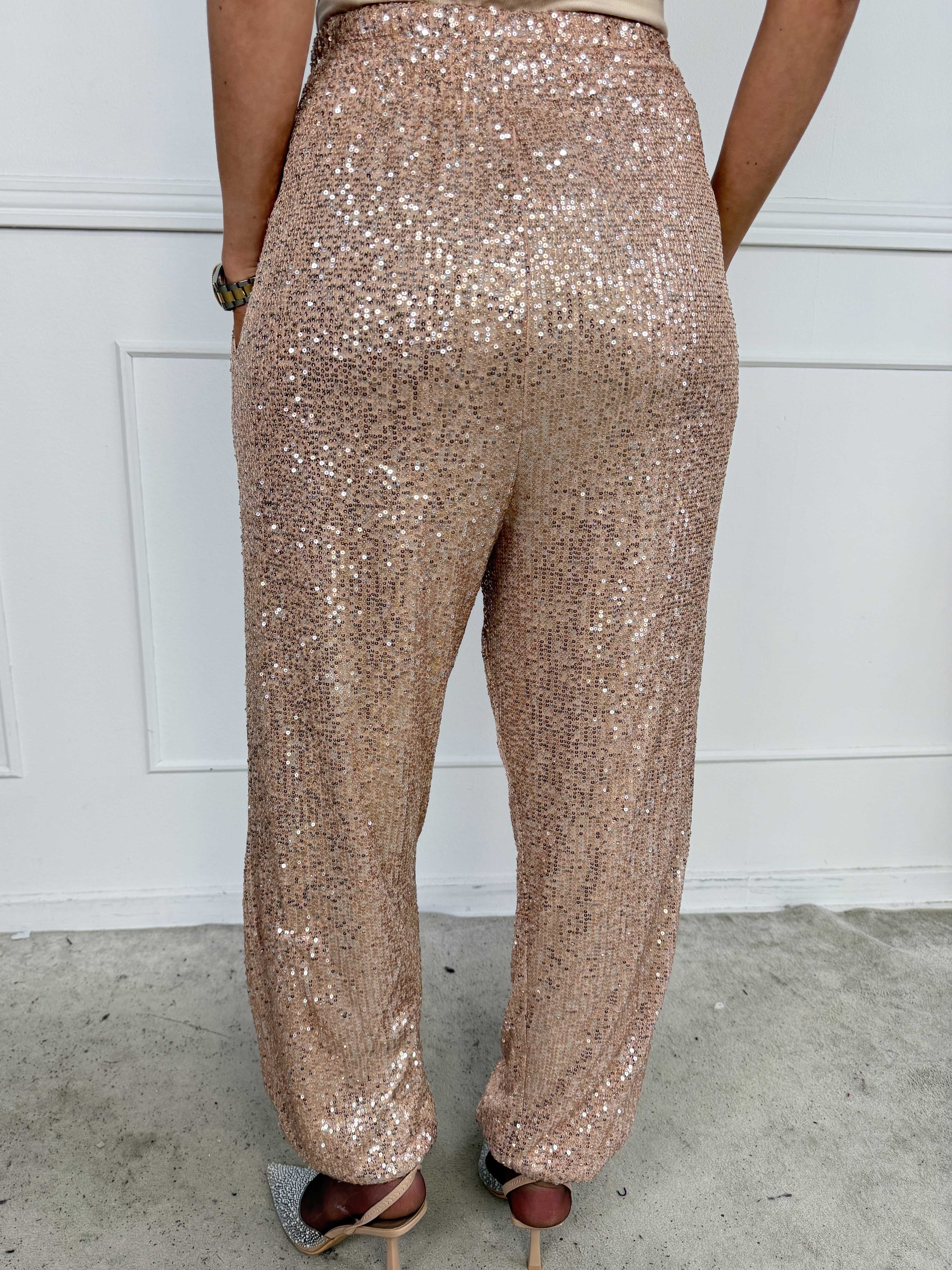 Pams Glitter Harem Pants - Elastiska paljettbyxor i plus size med smock i midjan