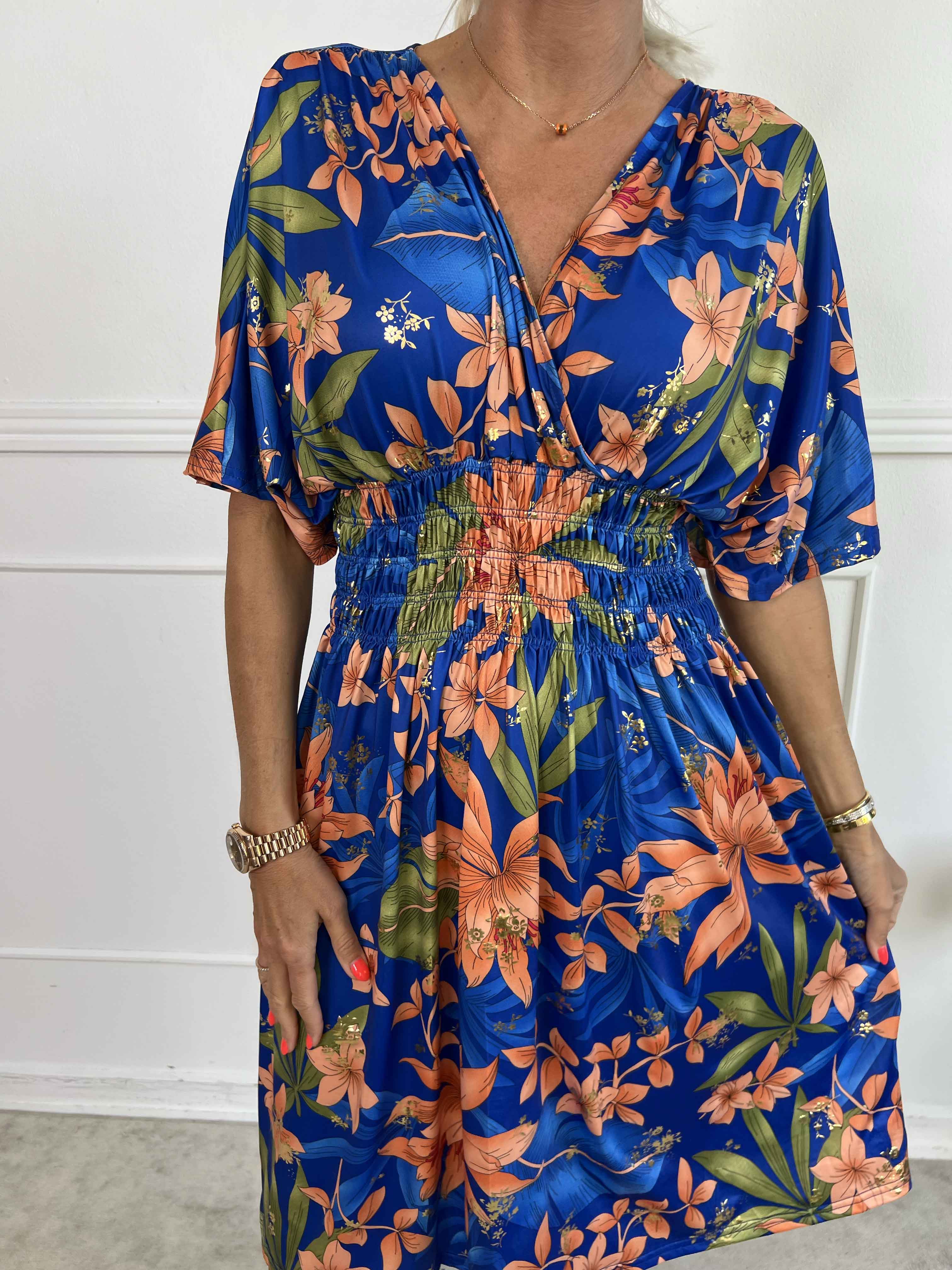 Pams New Leaf Short - Elastisk klänning med färgat blommönster och gulddetaljer