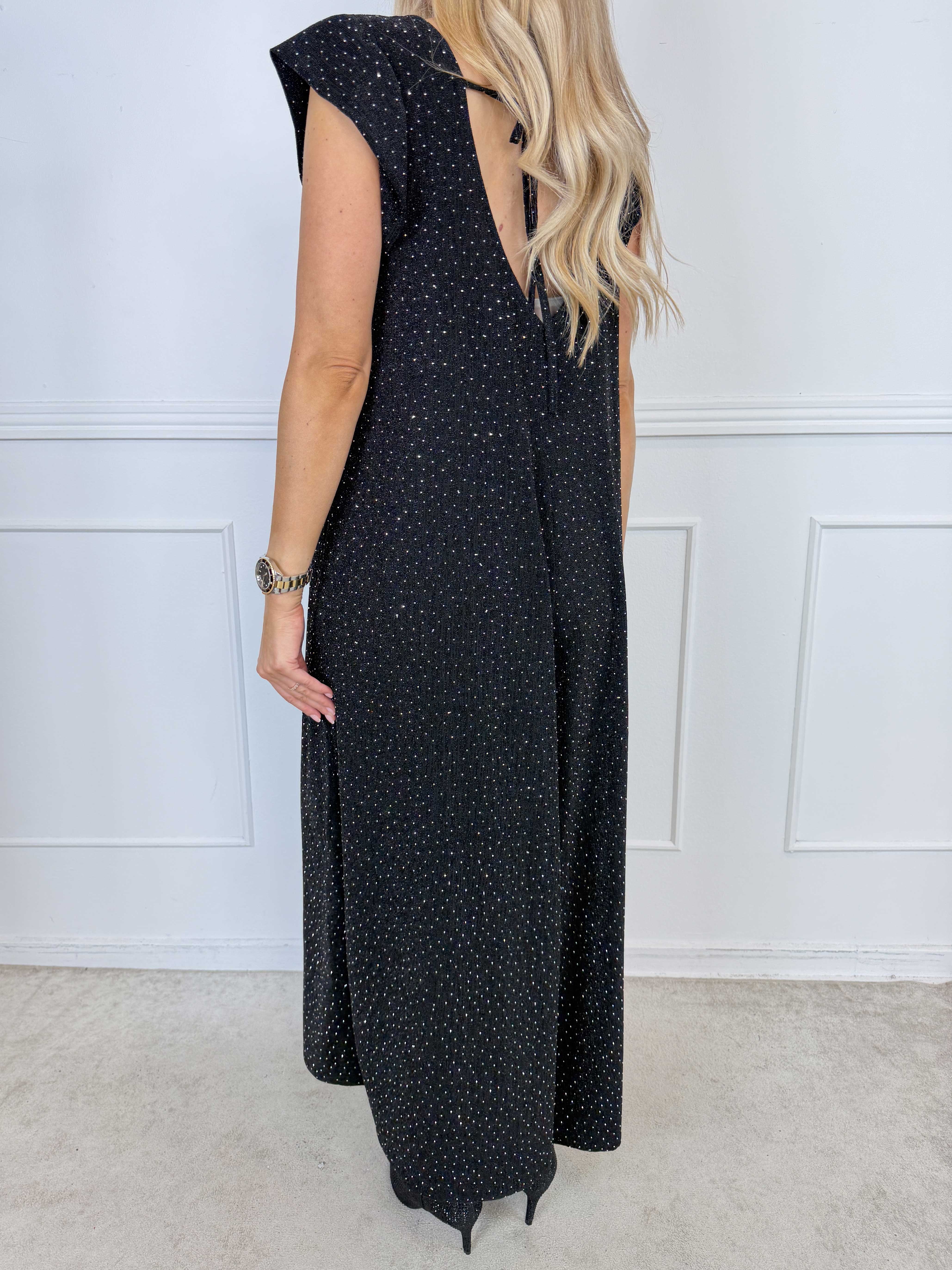Nicole - Jumpsuit med vida ben, glittrande trådar, fina strass och söta volangärmar