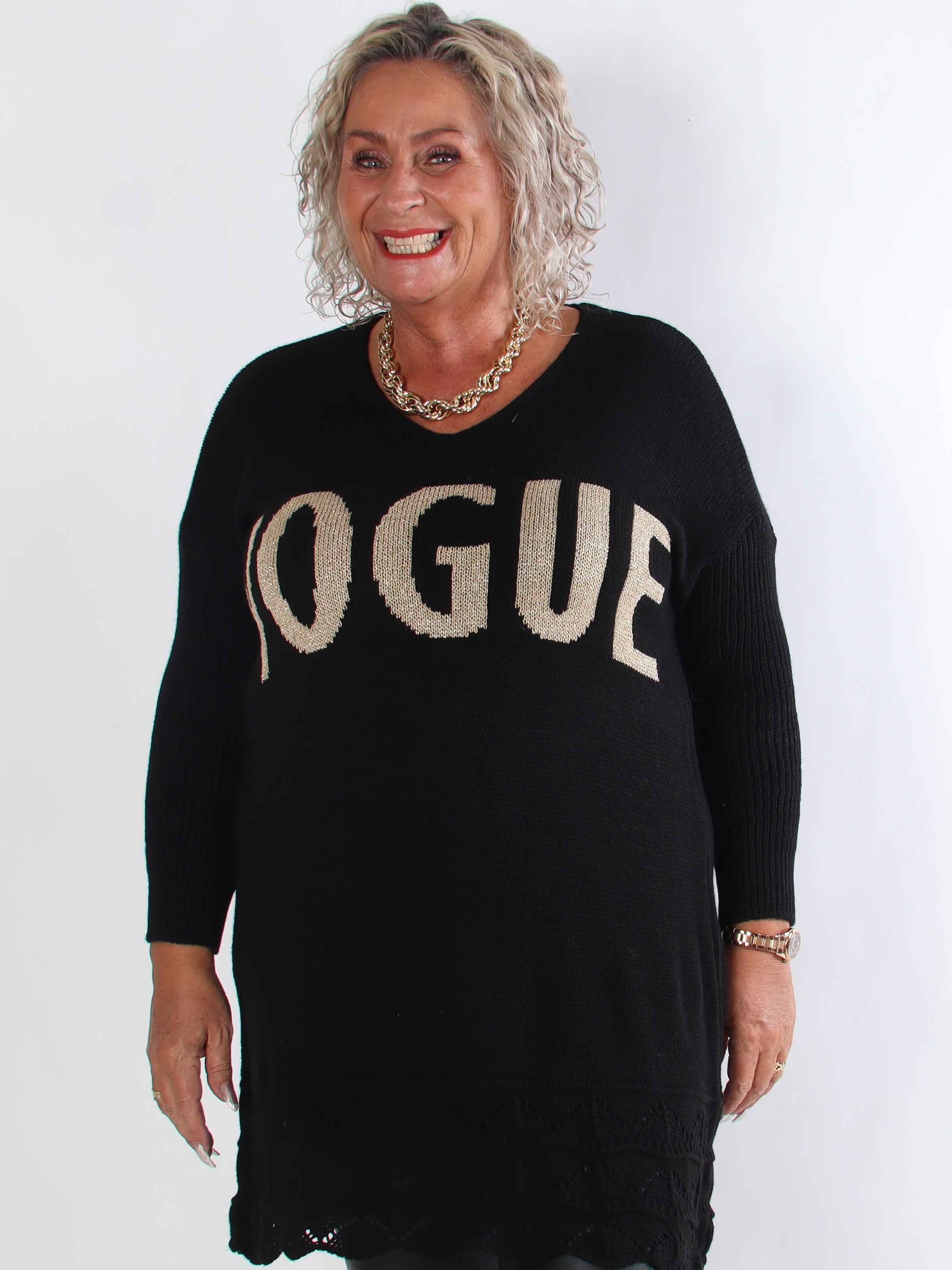 Rebeca Gold - Stickad plus size blus med VOGUE och mönster nedtill