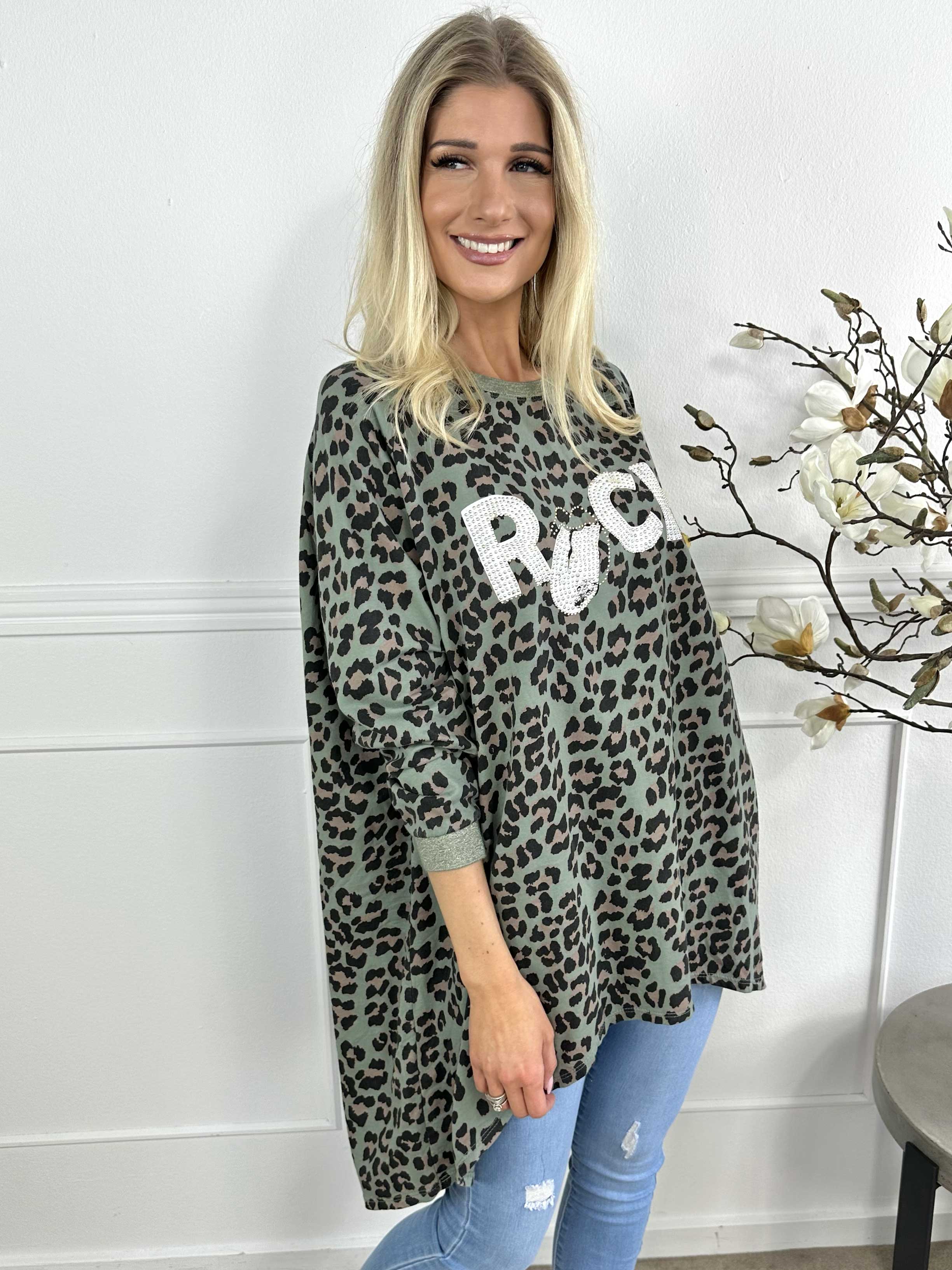 Jennifer - Bomullsblus med leopardmönster och stenar