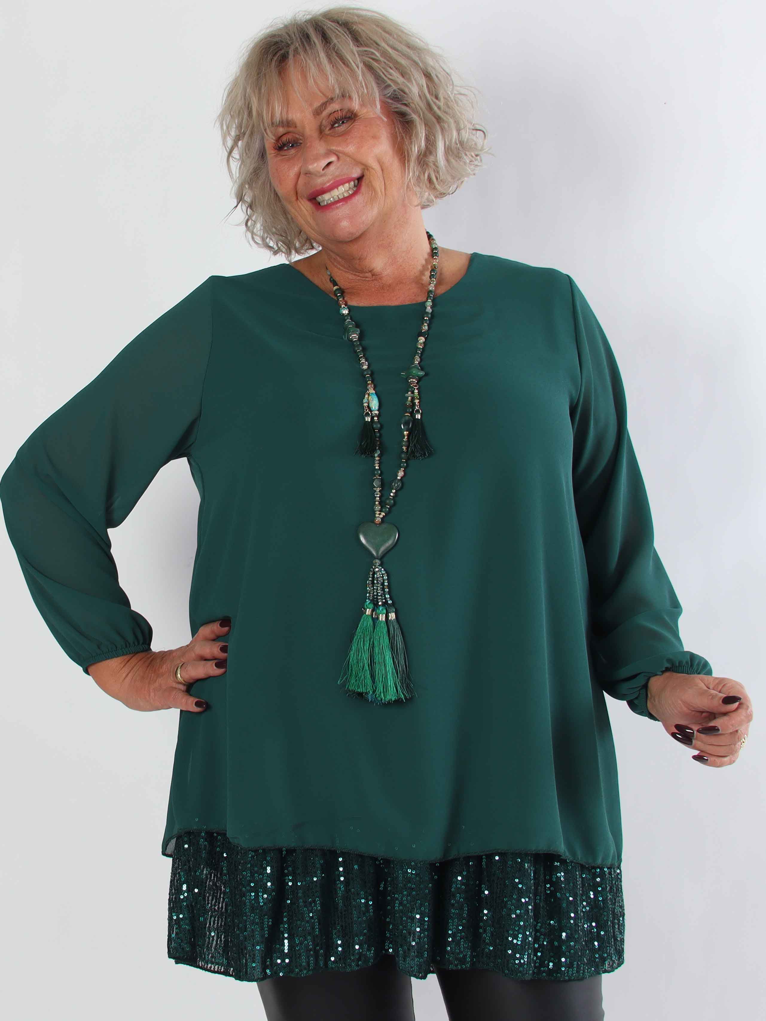 Kamilla - Festredo plus size tunikaklänning med chiffonglager och paljetter