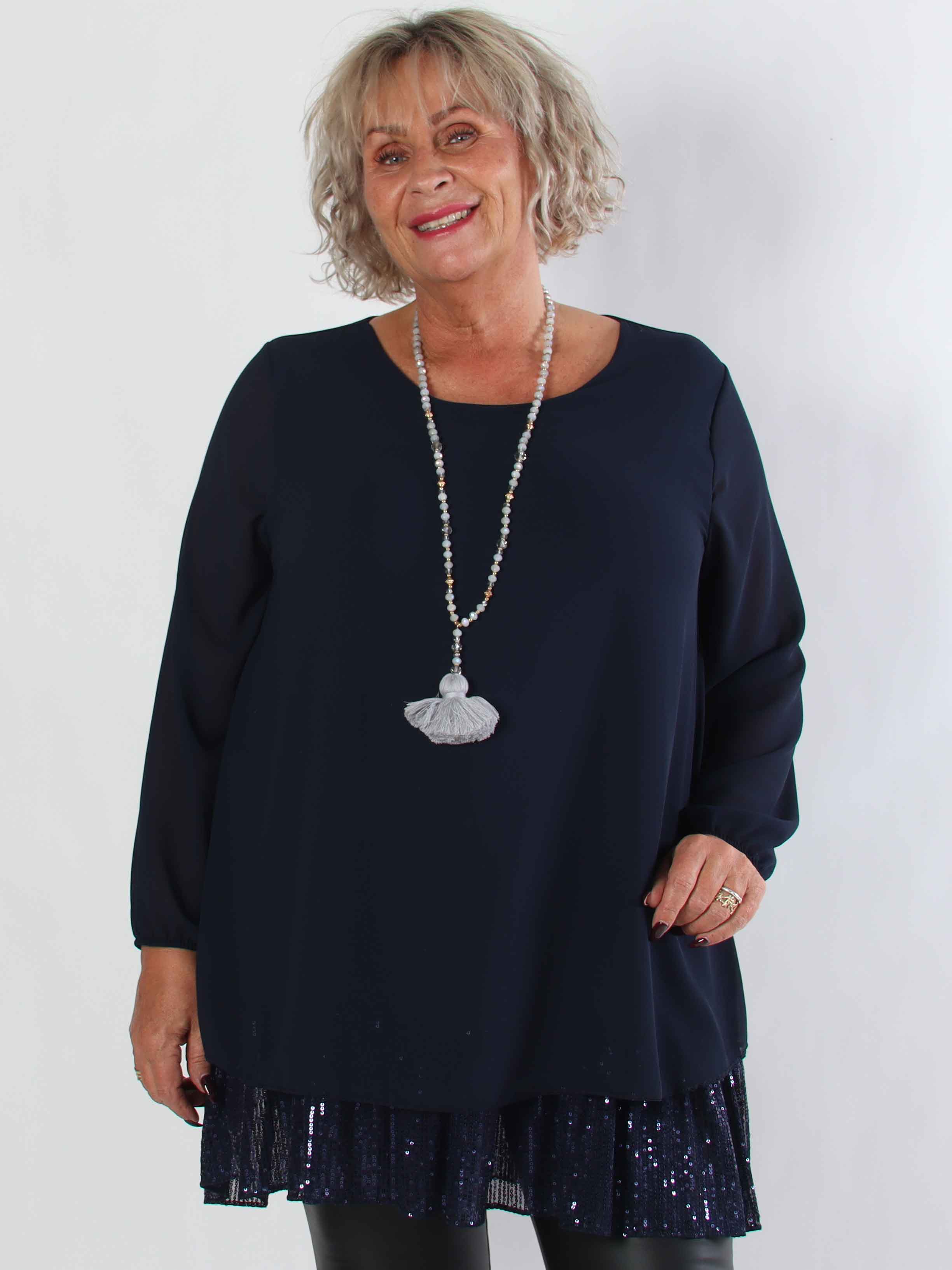 Kamilla - Festredo plus size tunikaklänning med chiffonglager och paljetter