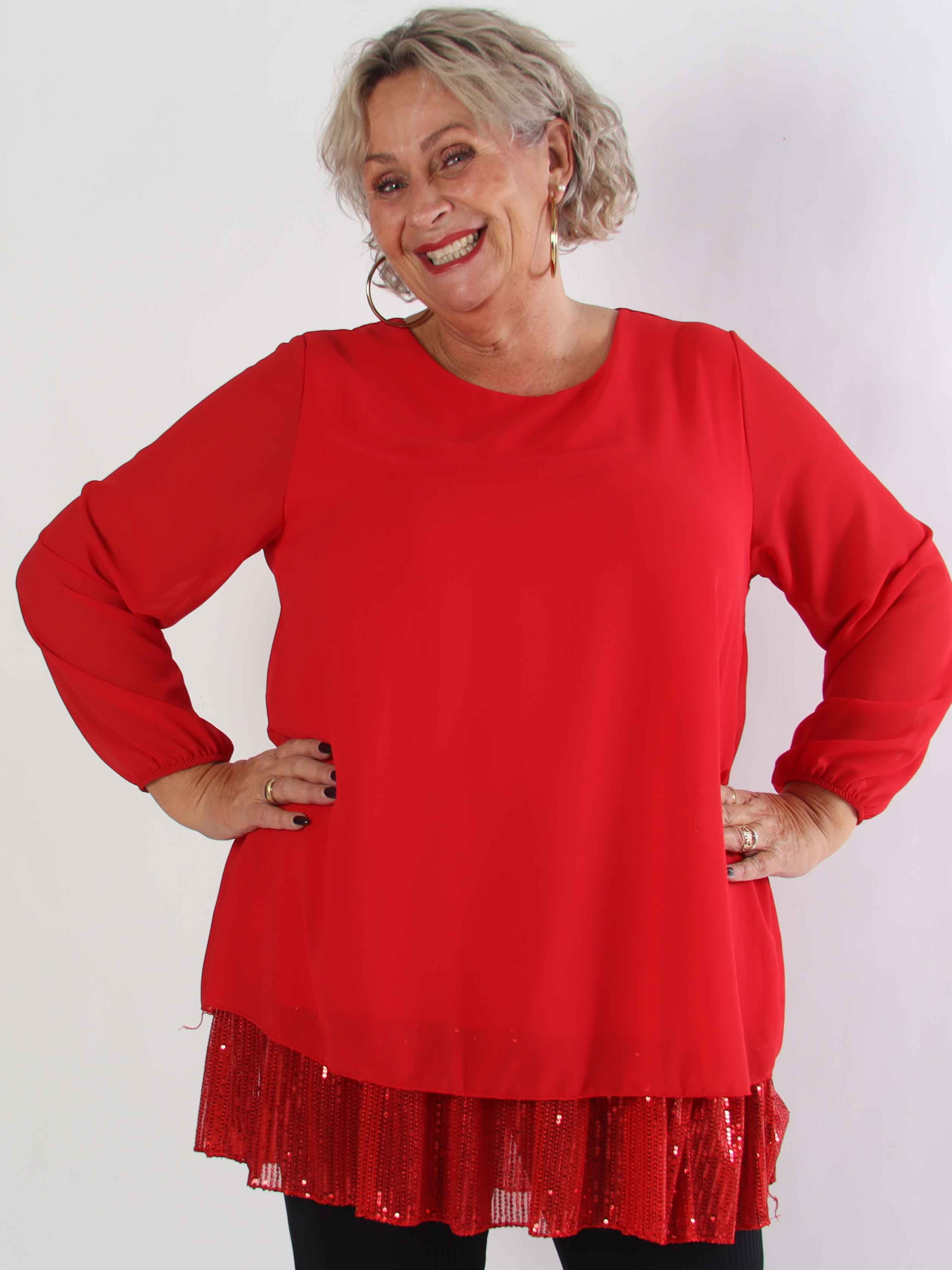 Kamilla - Festredo plus size tunikaklänning med chiffonglager och paljetter