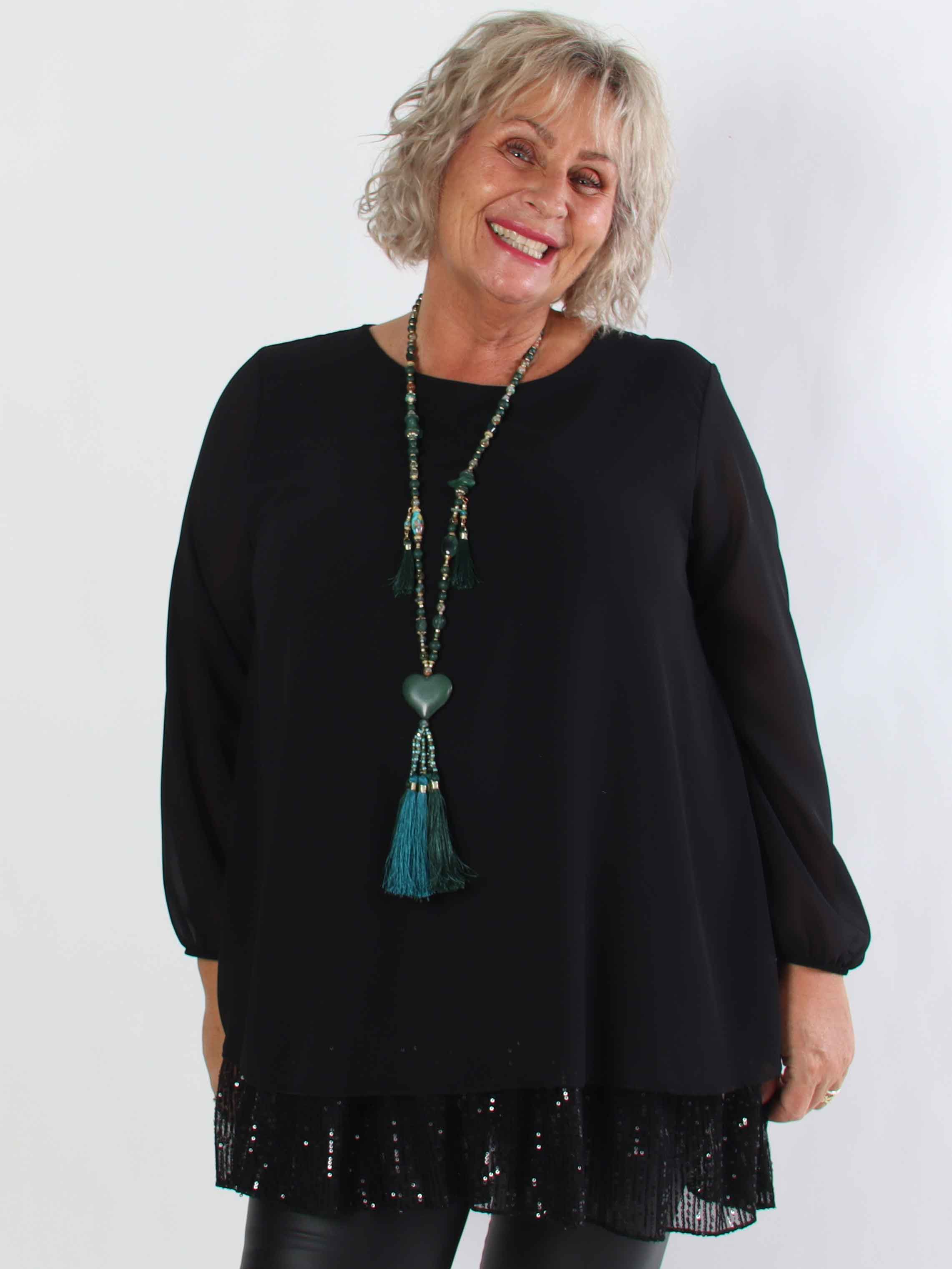 Kamilla - Festredo plus size tunikaklänning med chiffonglager och paljetter