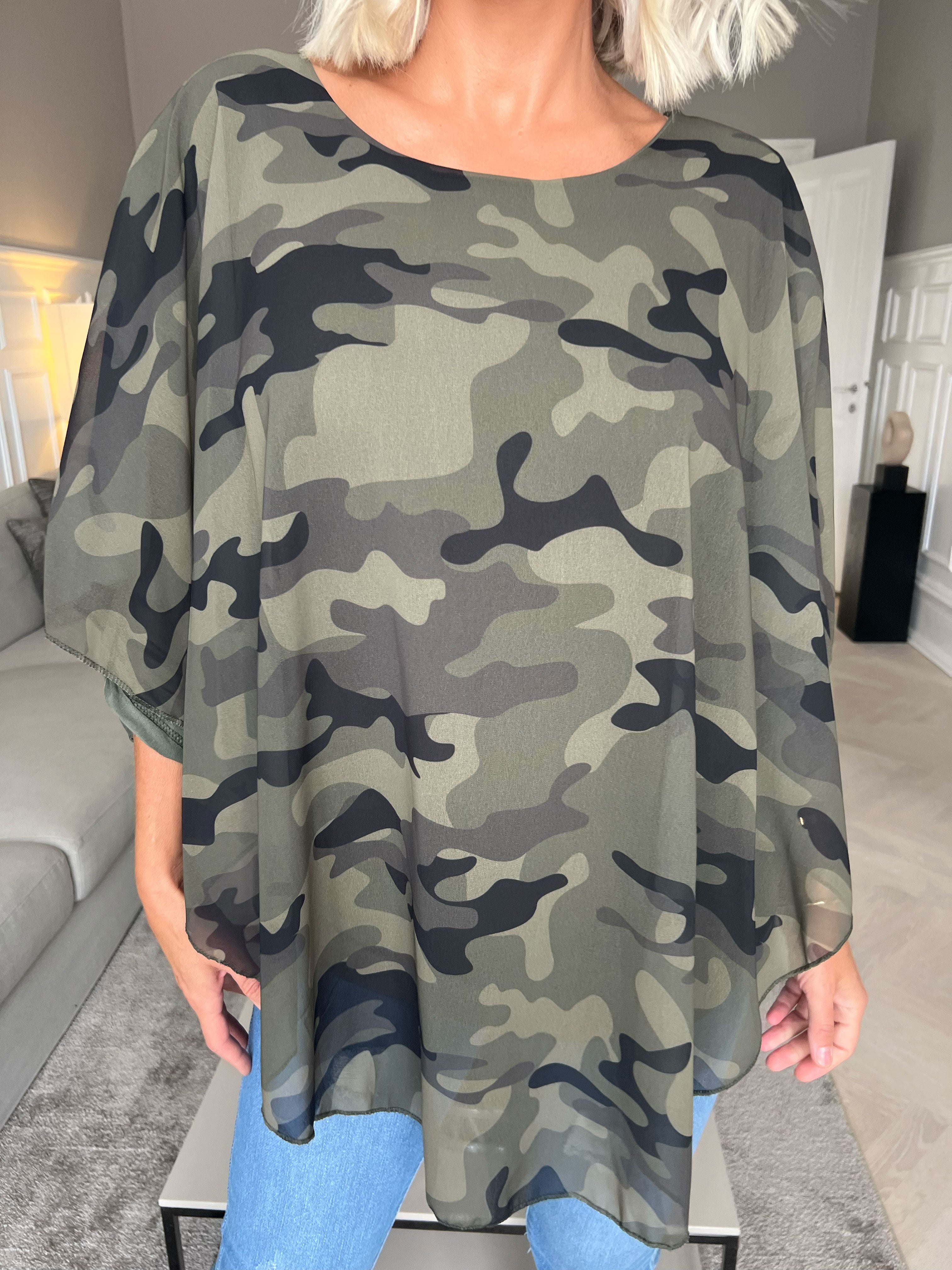 Kenya Camo Shirt - Tunika med kamouflagemönster i chiffong