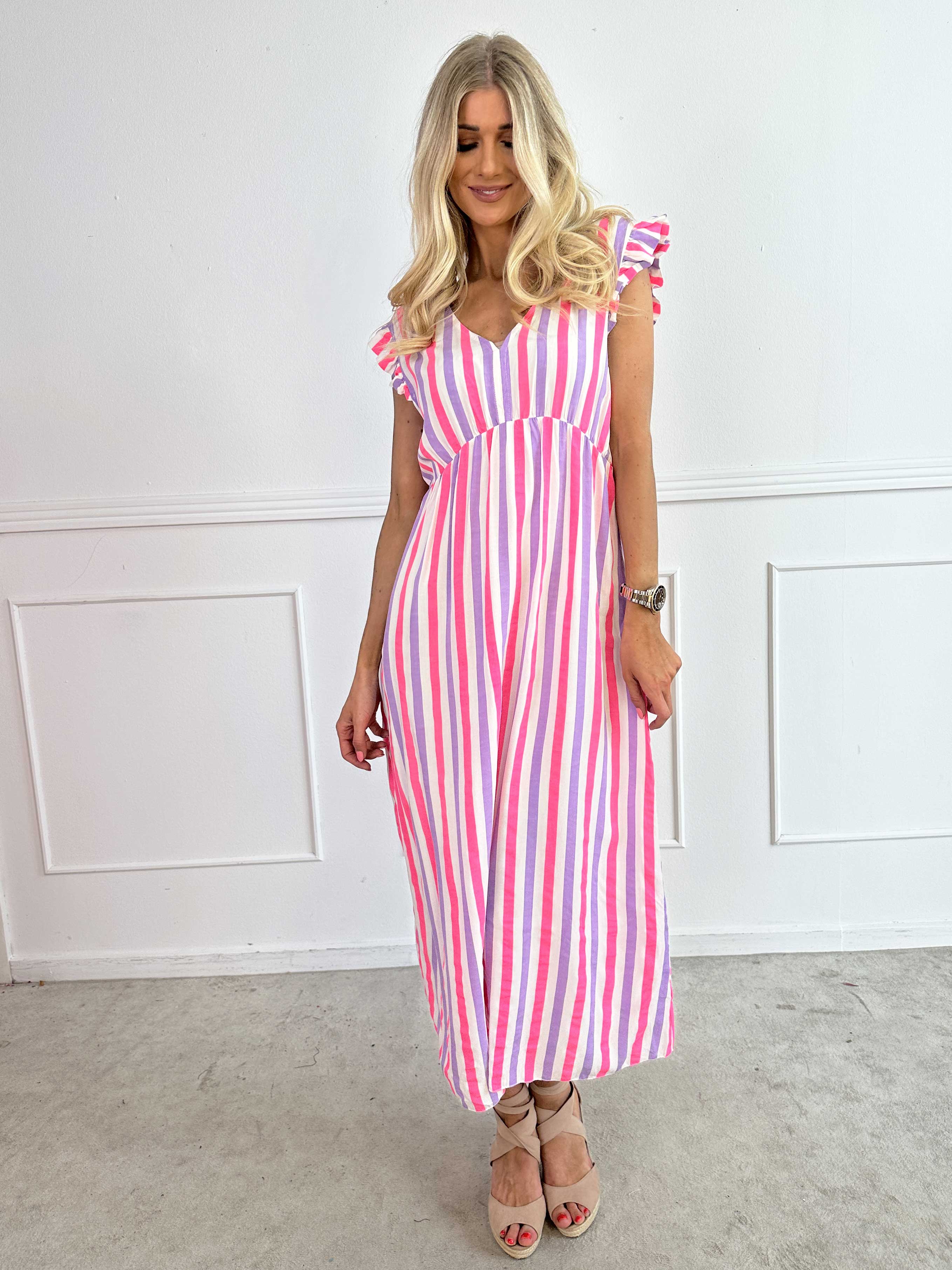 Lyssa - Lång randig klänning i viskos med färgade ränder