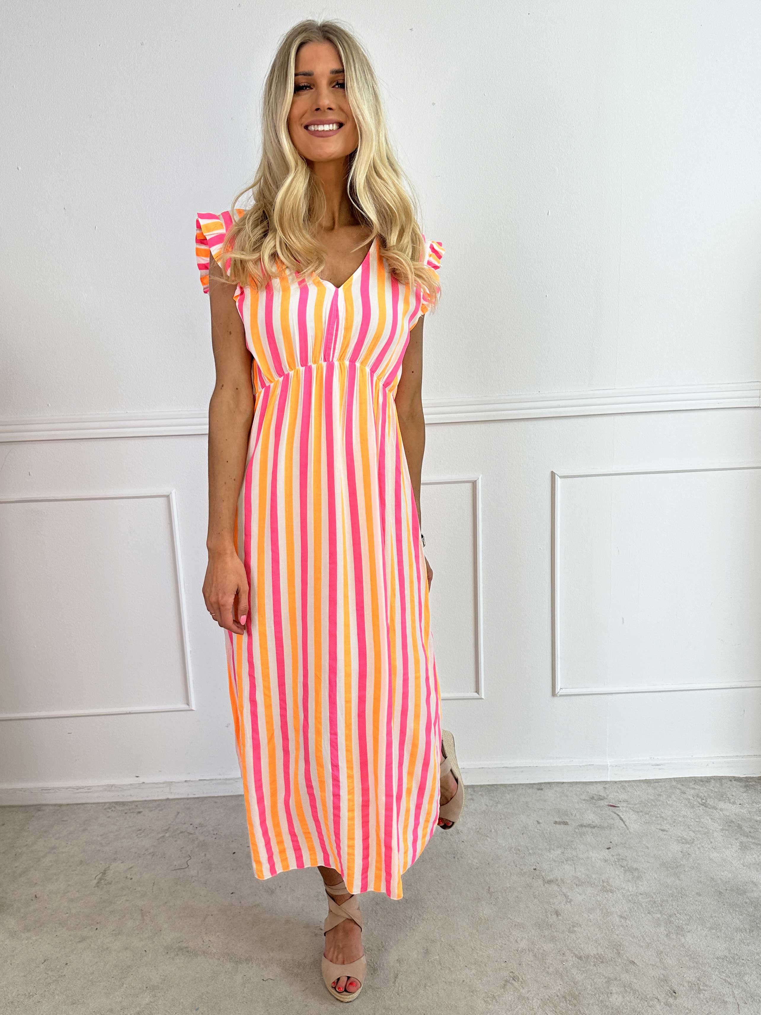 Lyssa - Lång randig klänning i viskos med färgade ränder