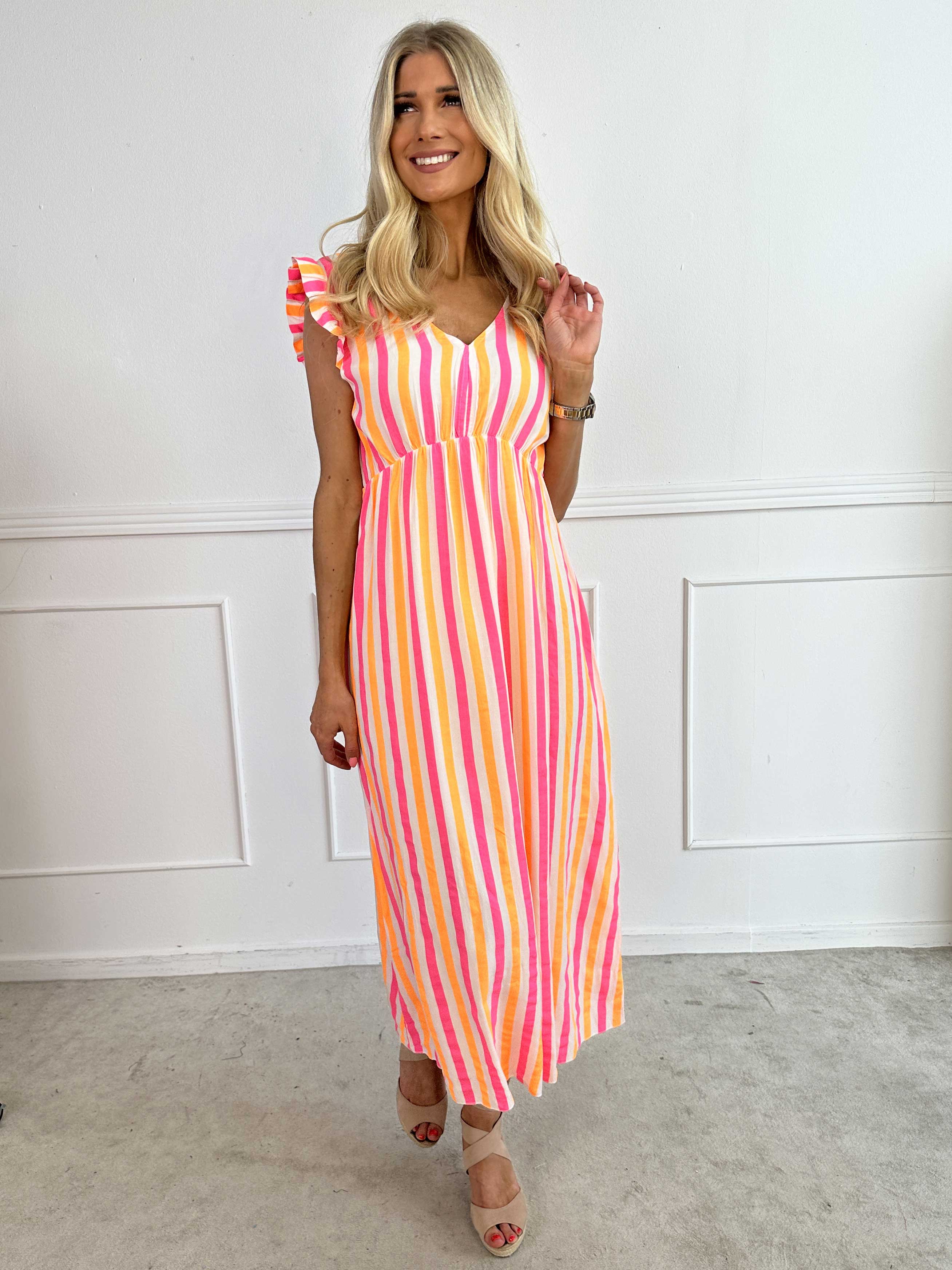 Lyssa - Lång randig klänning i viskos med färgade ränder