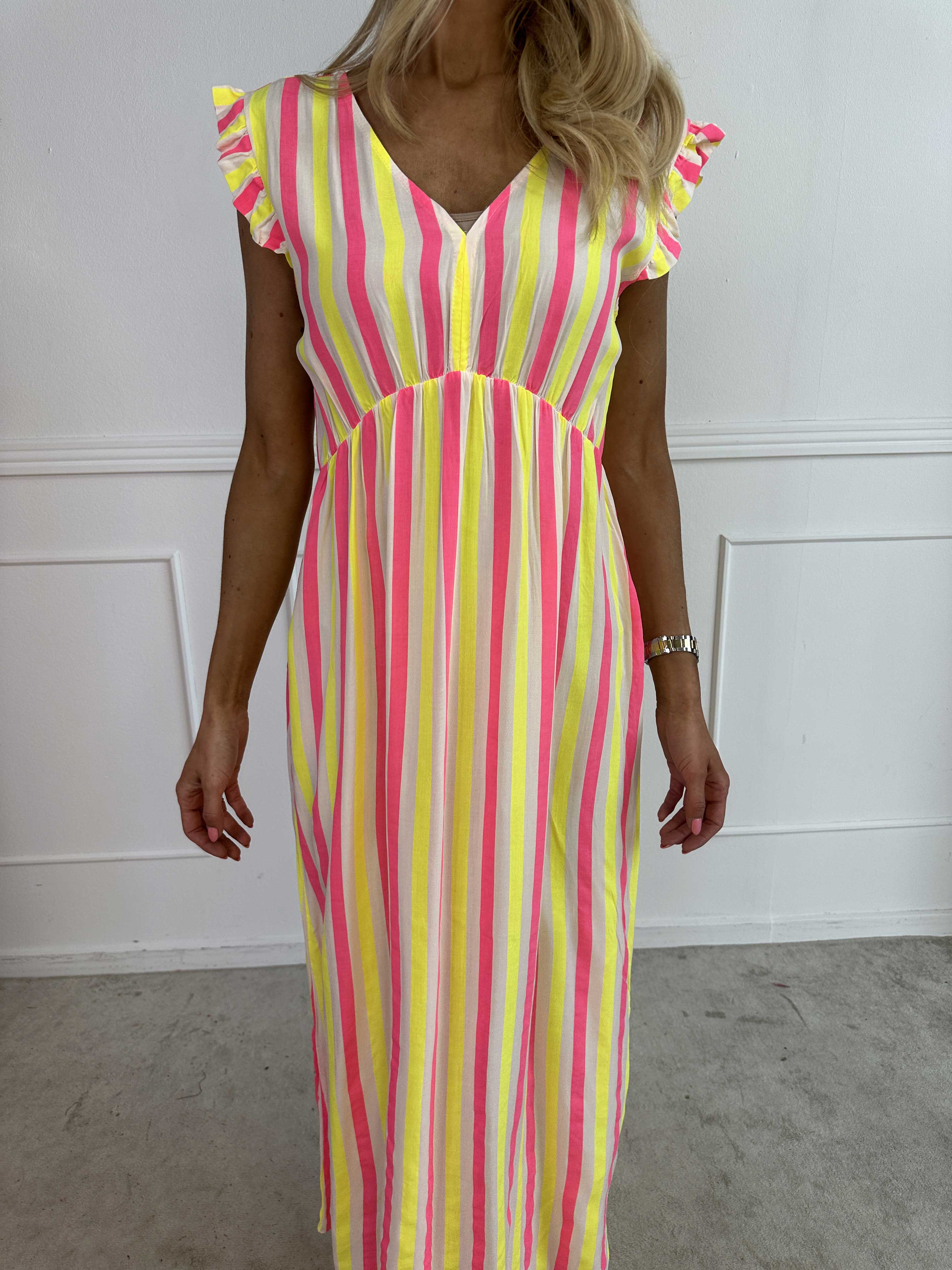 Lyssa - Lång randig klänning i viskos med färgade ränder