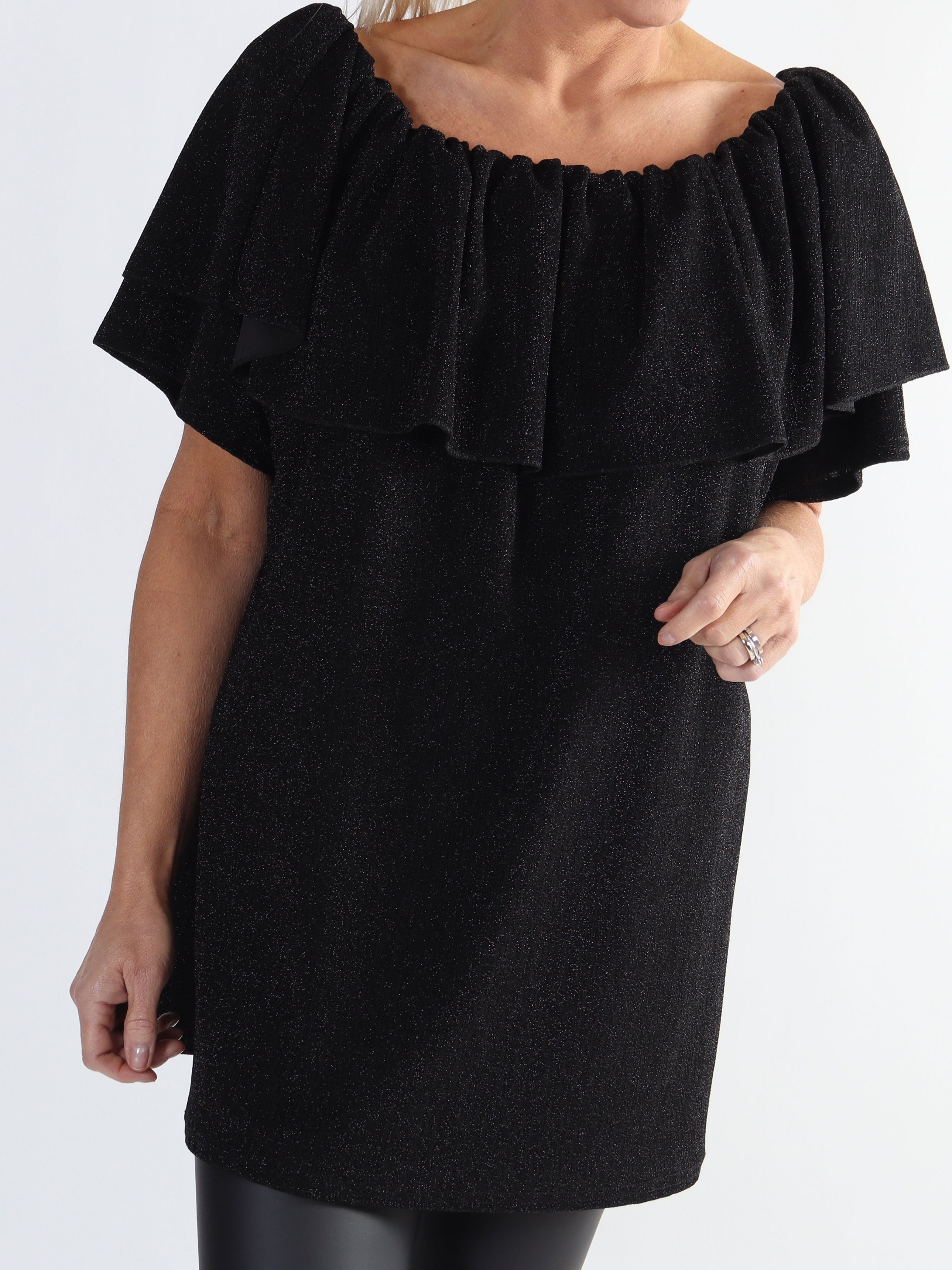 Maily - Off shoulder-blus i plus size med glittertrådar