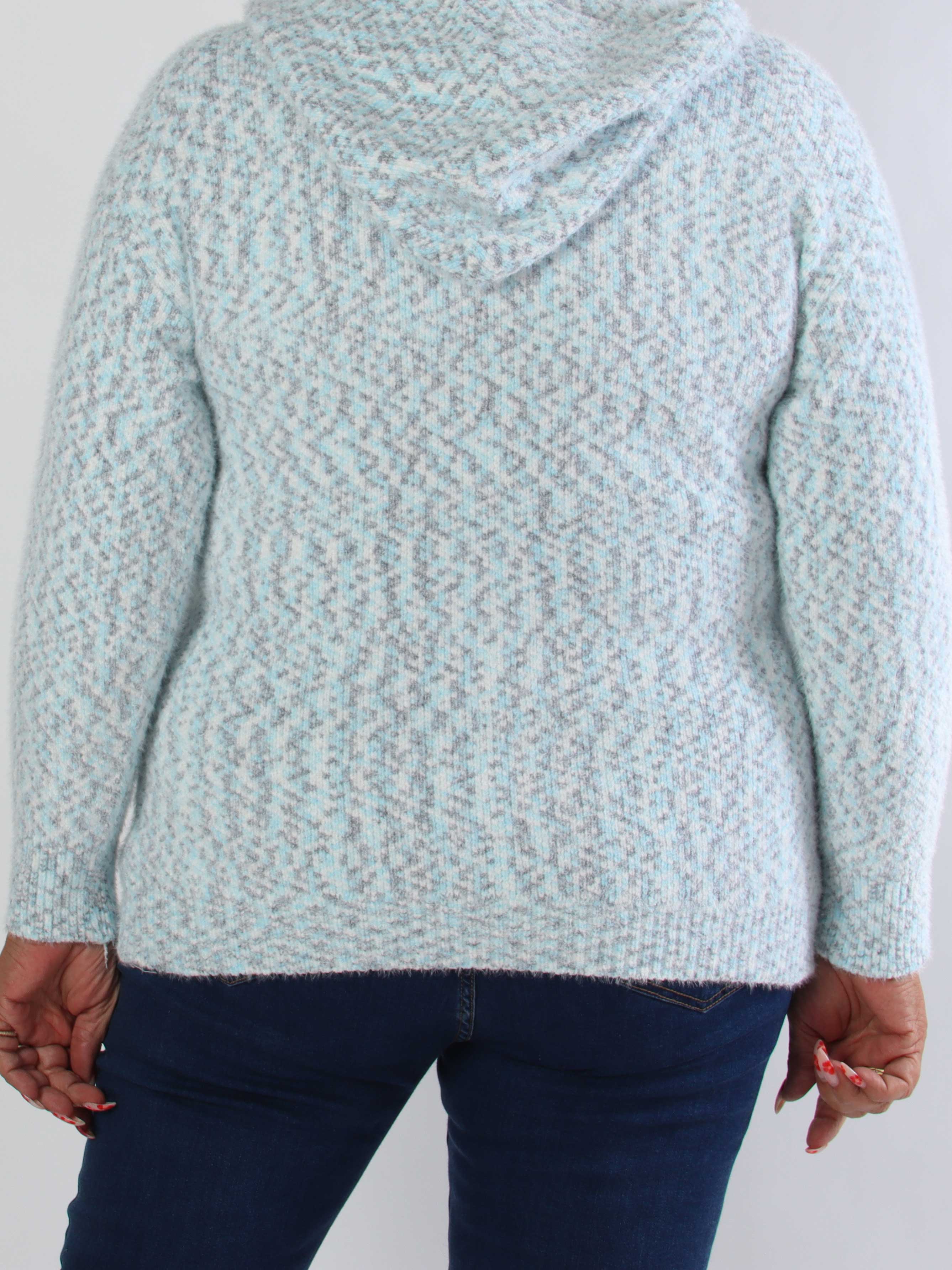 Maris - Blød plus size meleret striktrøje med hætte og praktisk lynlåslukning