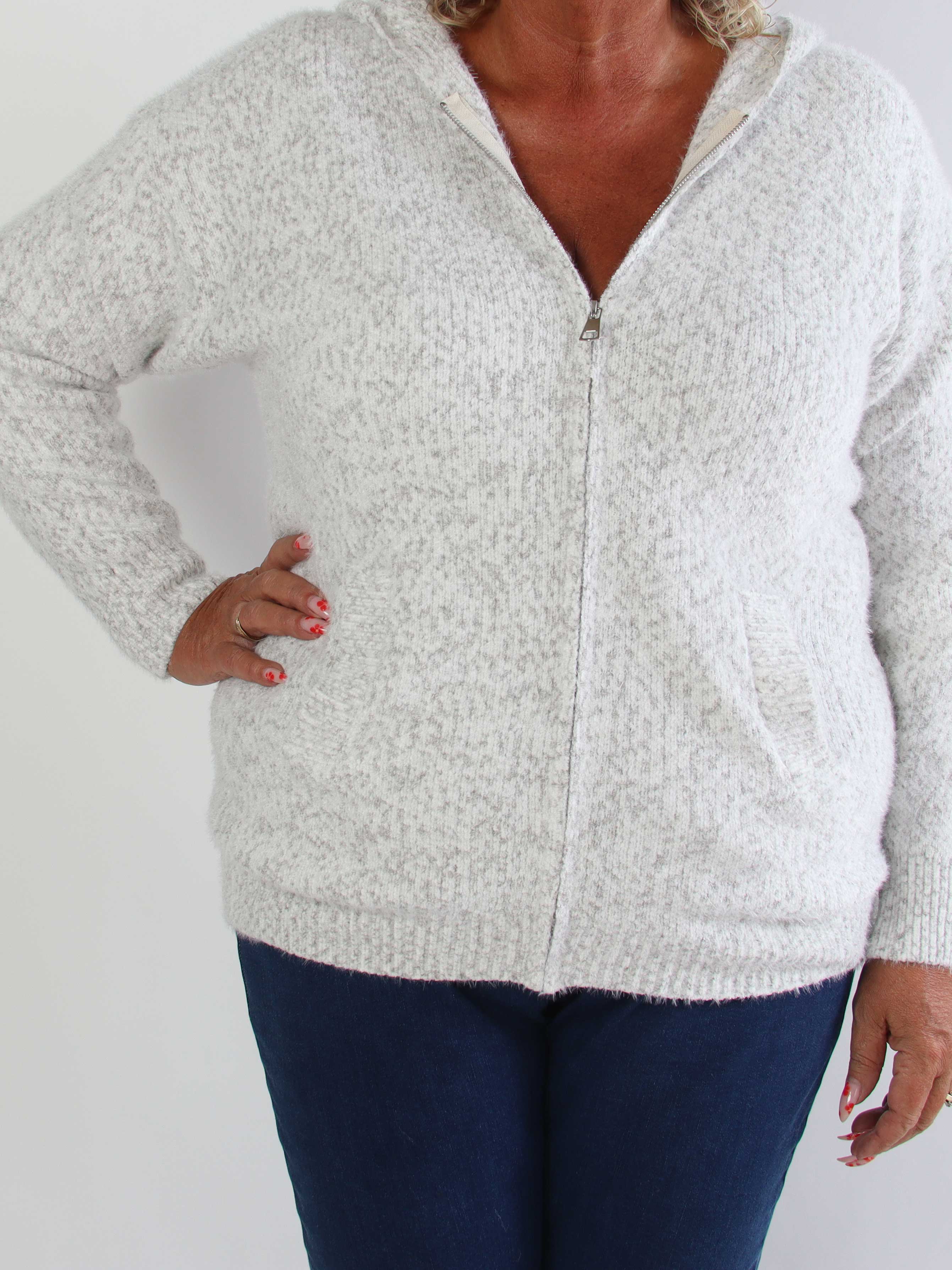 Maris - Blød plus size meleret striktrøje med hætte og praktisk lynlåslukning