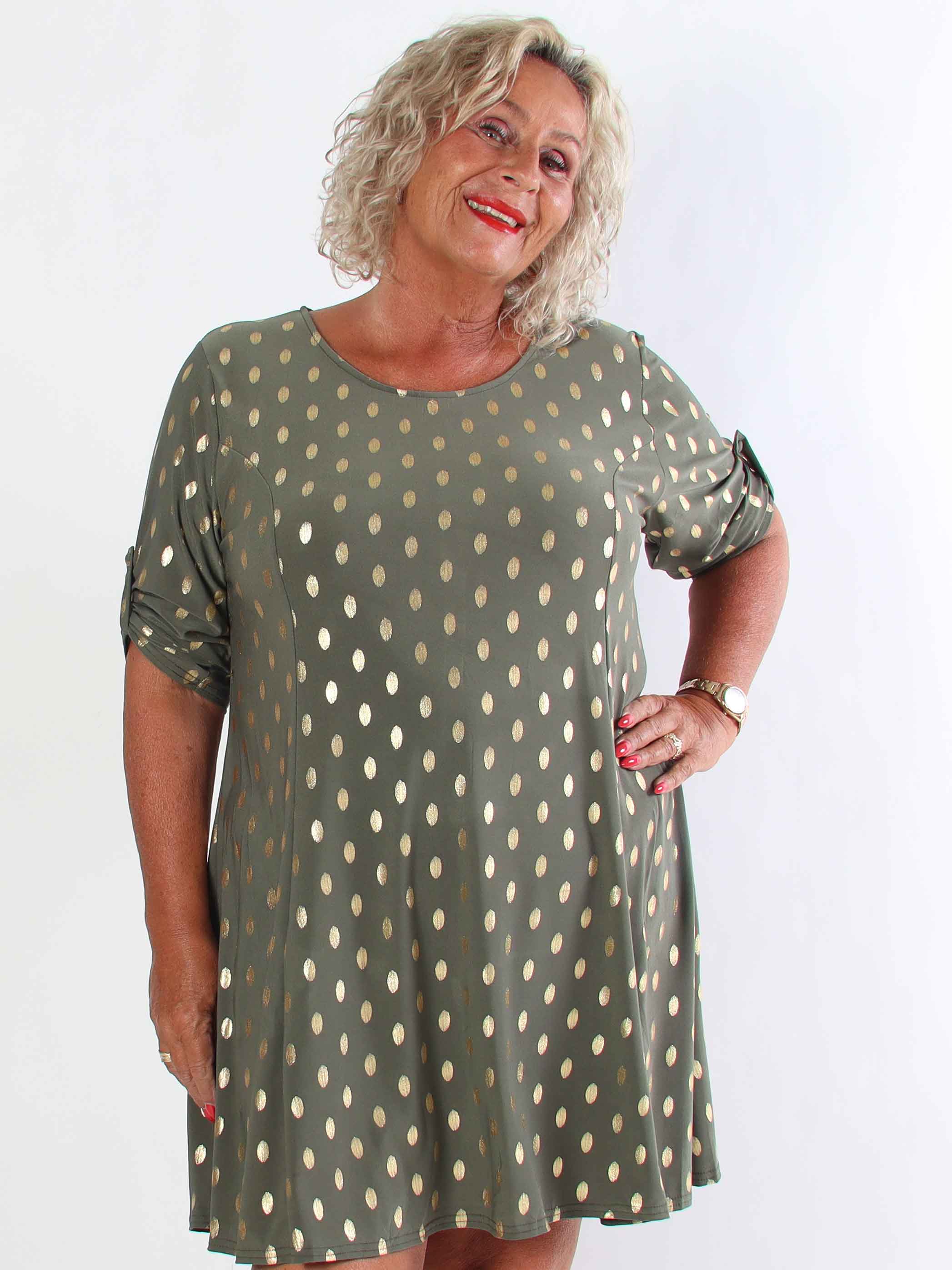 Marlene Gold - Enfärgad elastisk A-linjeformad klänning med guldprickar