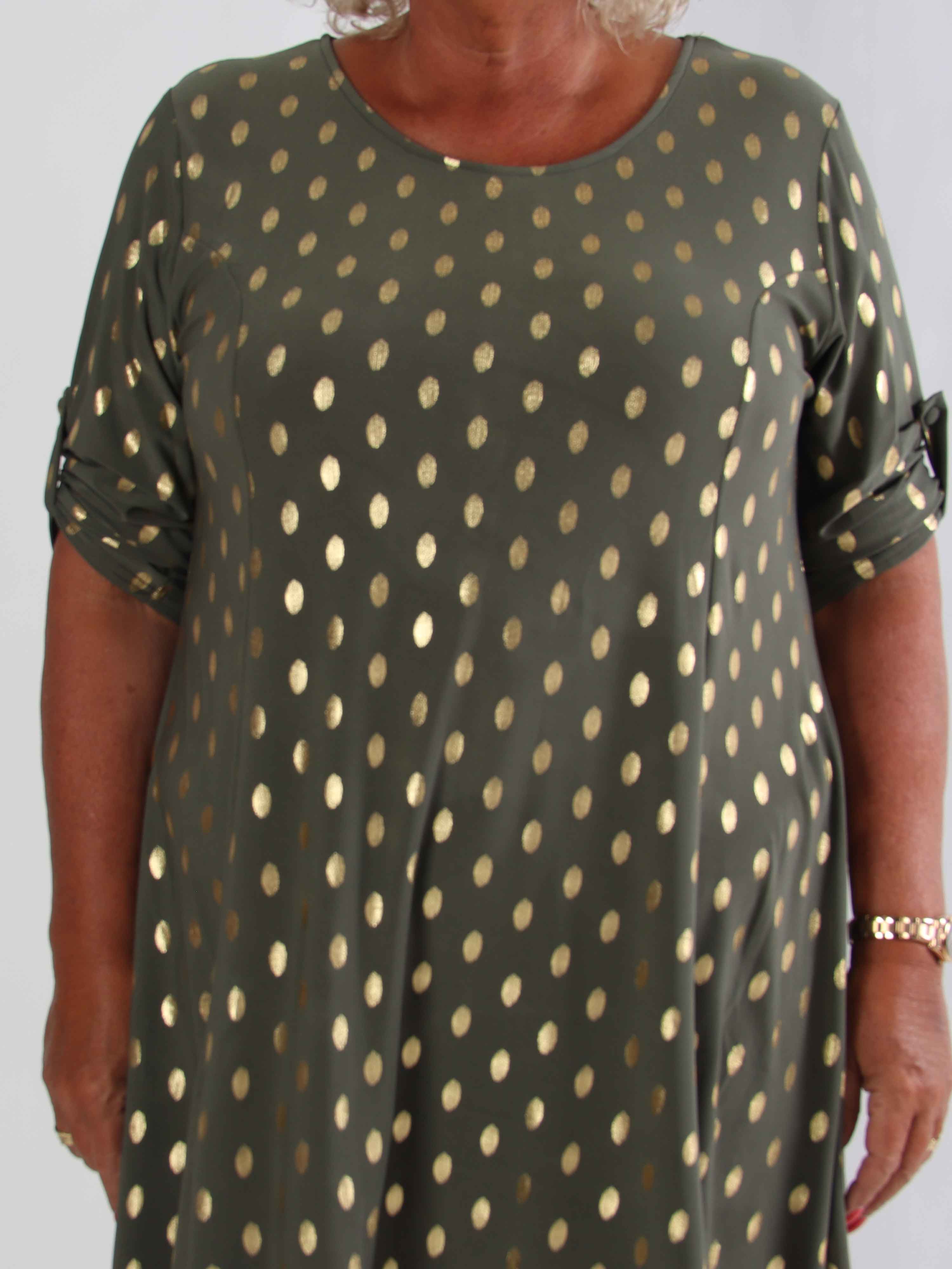 Marlene Gold - Enfärgad elastisk A-linjeformad klänning med guldprickar