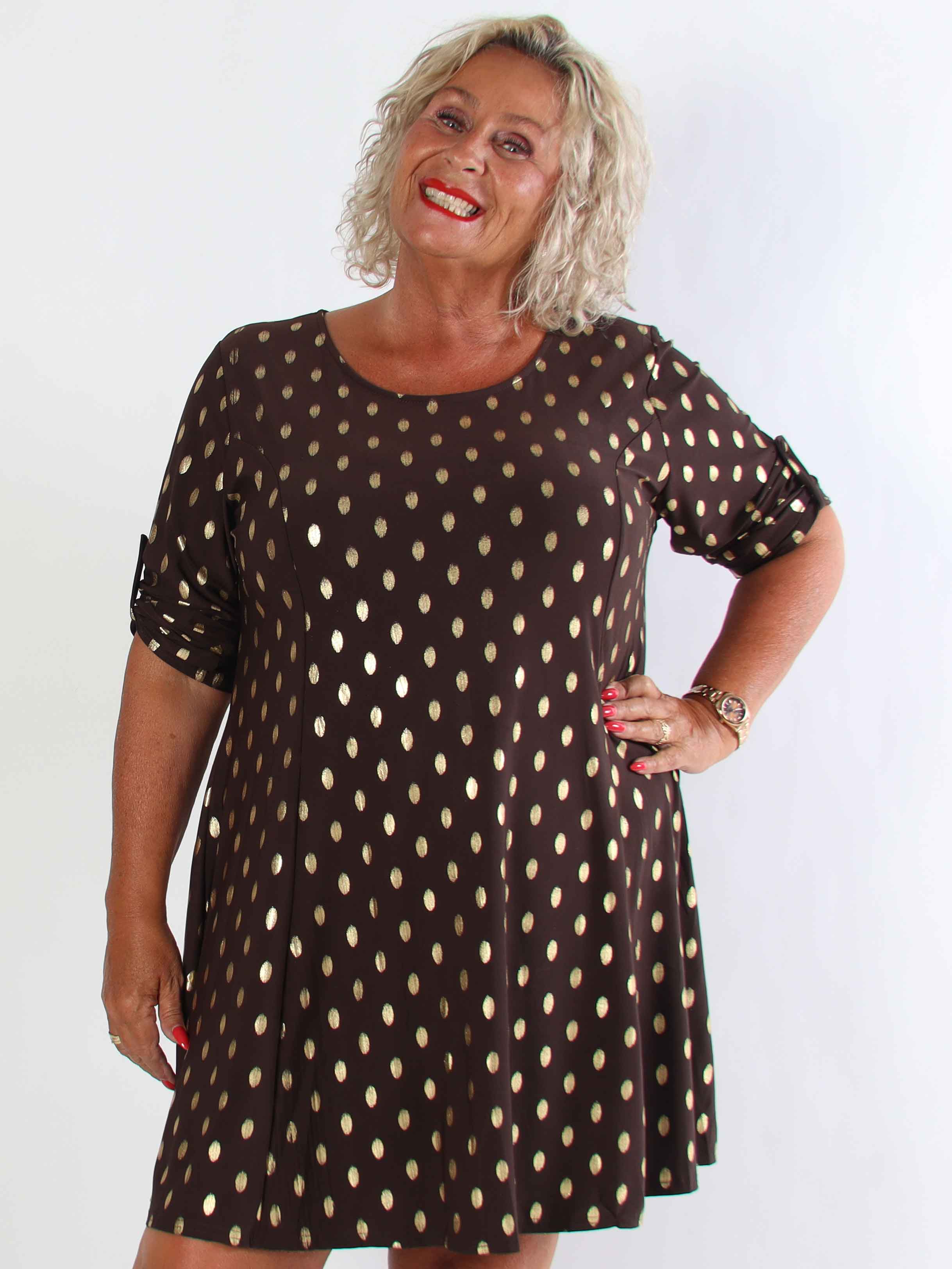 Marlene Gold - Enfärgad elastisk A-linjeformad klänning med guldprickar