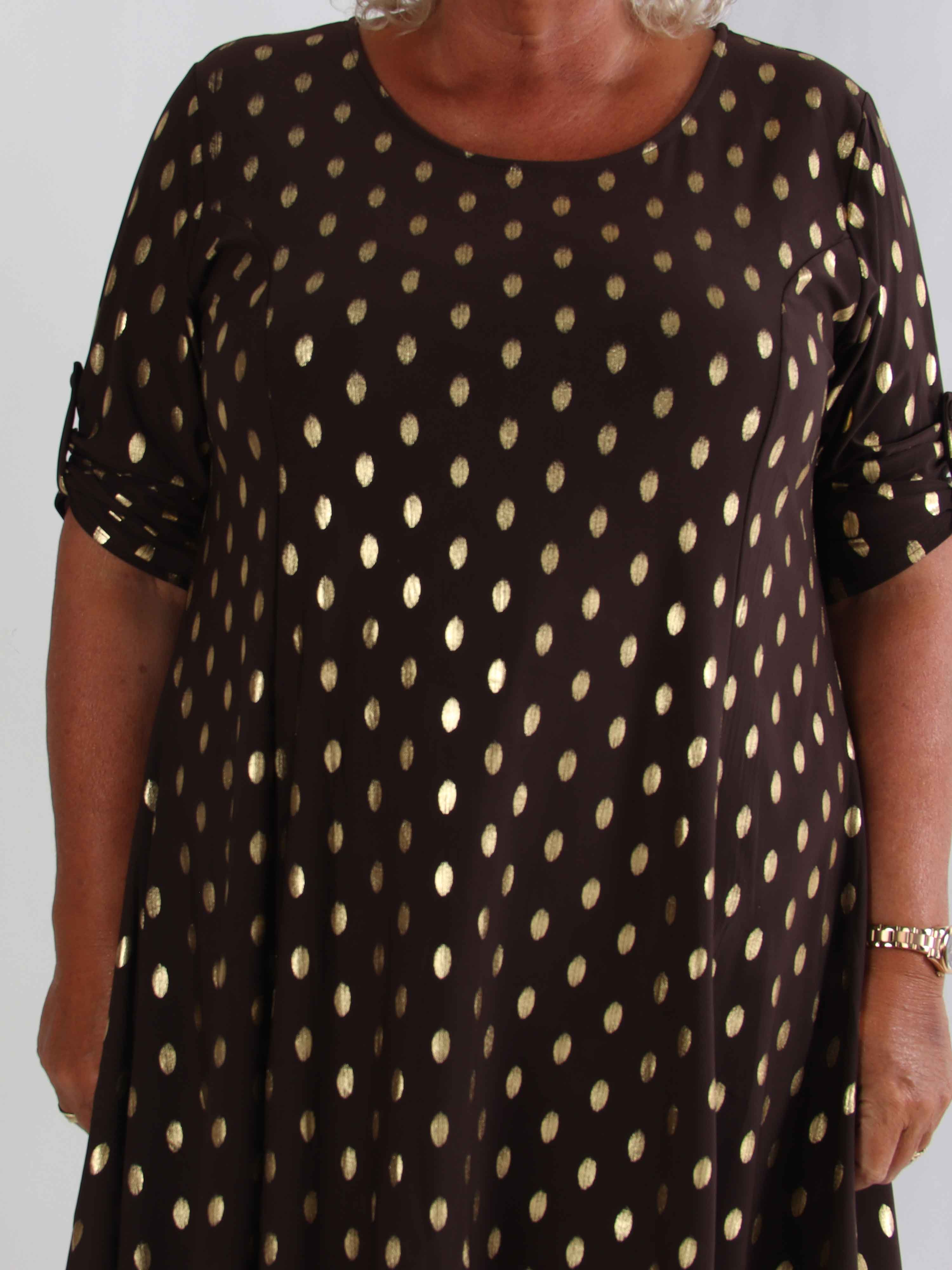 Marlene Gold - Enfärgad elastisk A-linjeformad klänning med guldprickar