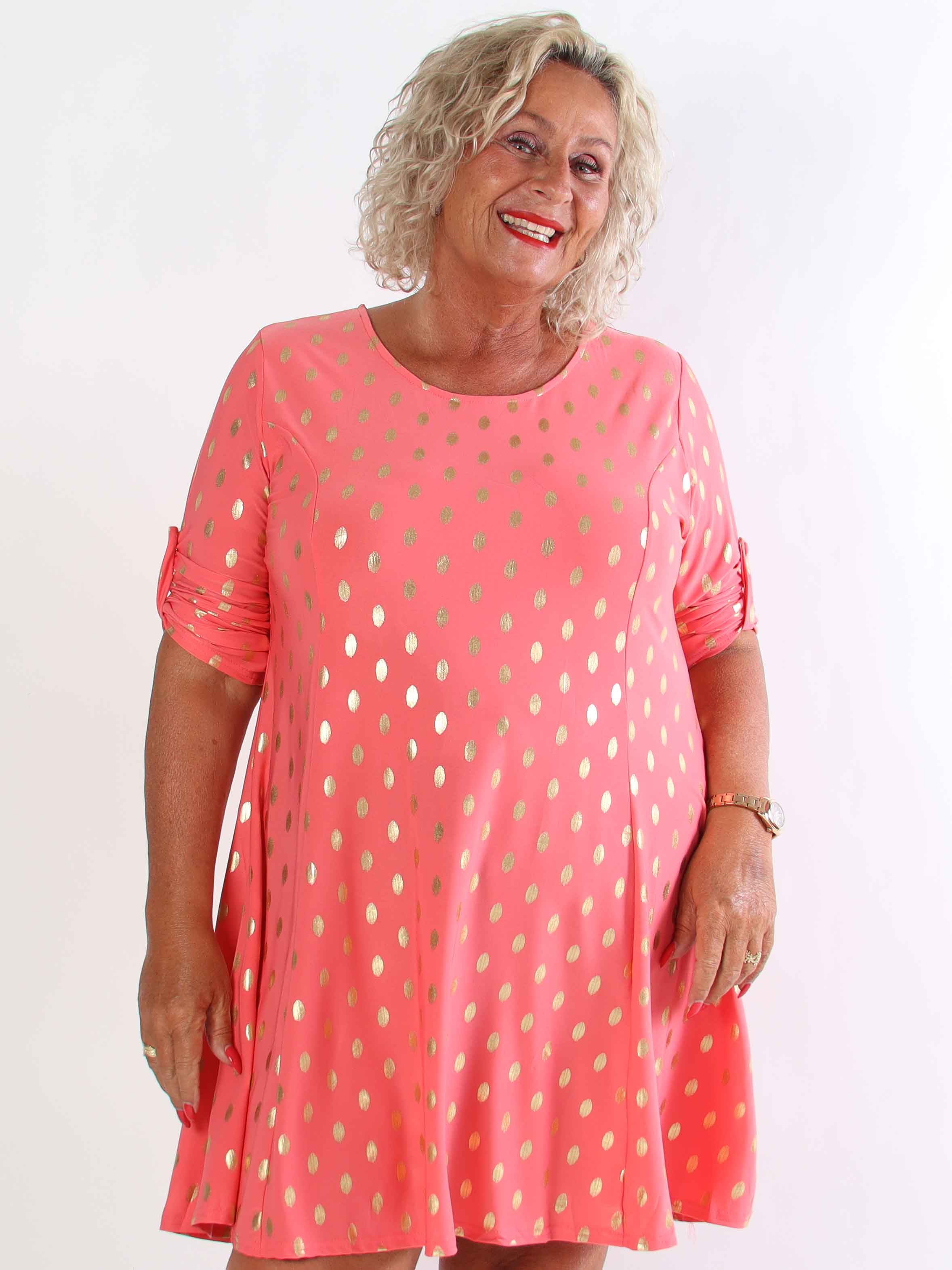 Marlene Gold - Enfärgad elastisk A-linjeformad klänning med guldprickar