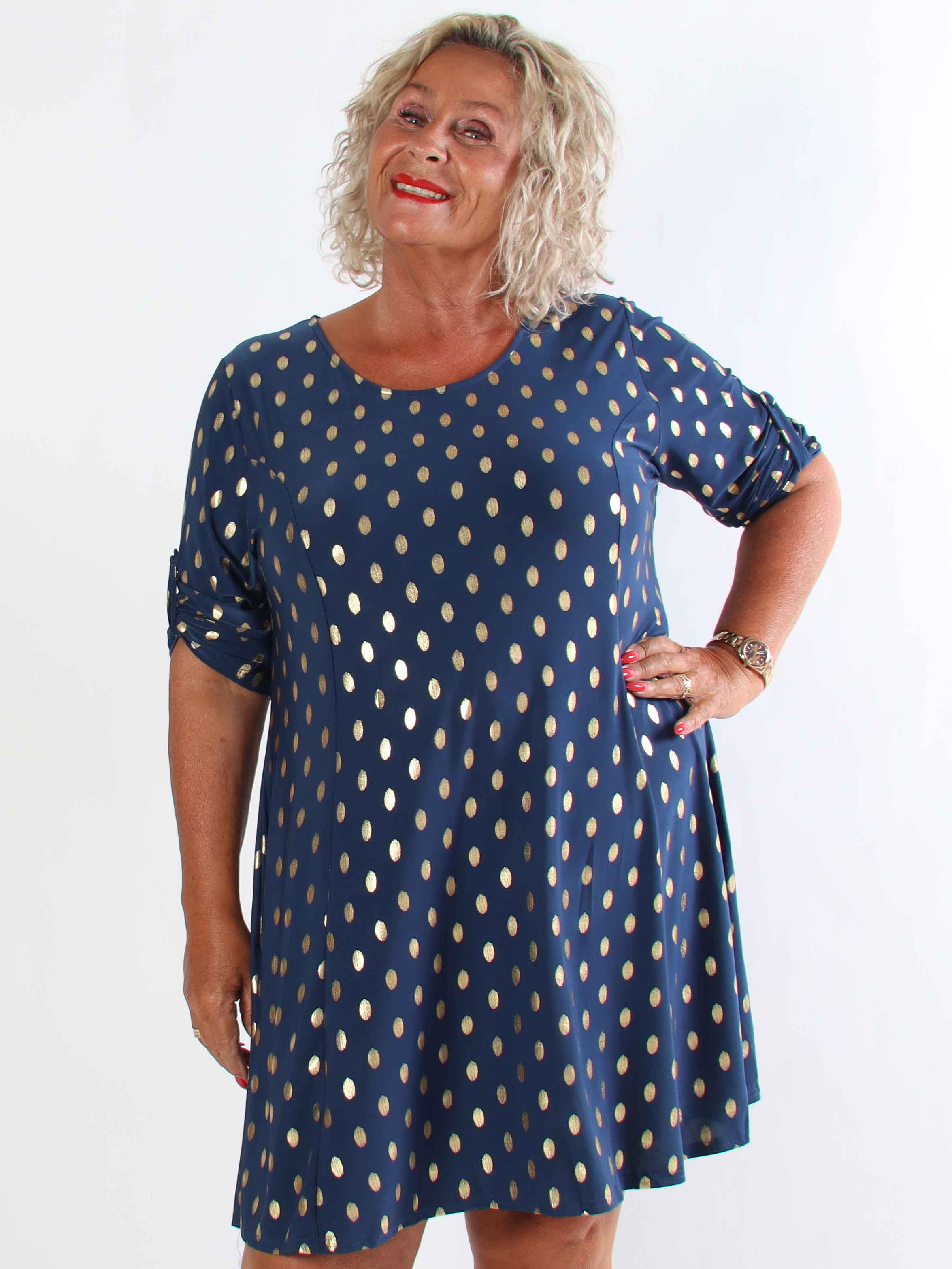 Marlene Gold - Enfärgad elastisk A-linjeformad klänning med guldprickar