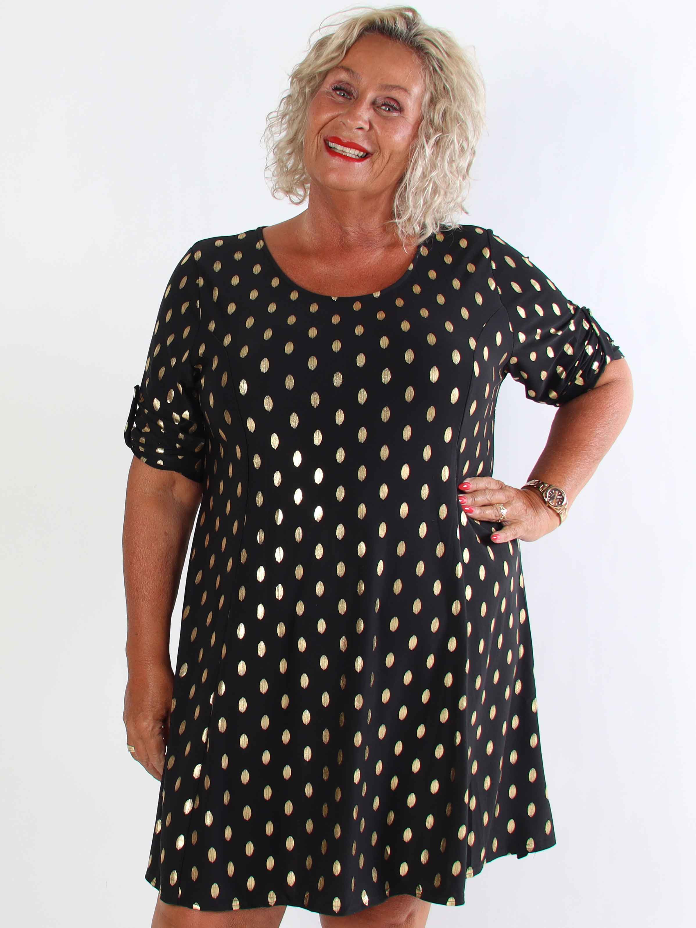 Marlene Gold - Enfärgad elastisk A-linjeformad klänning med guldprickar