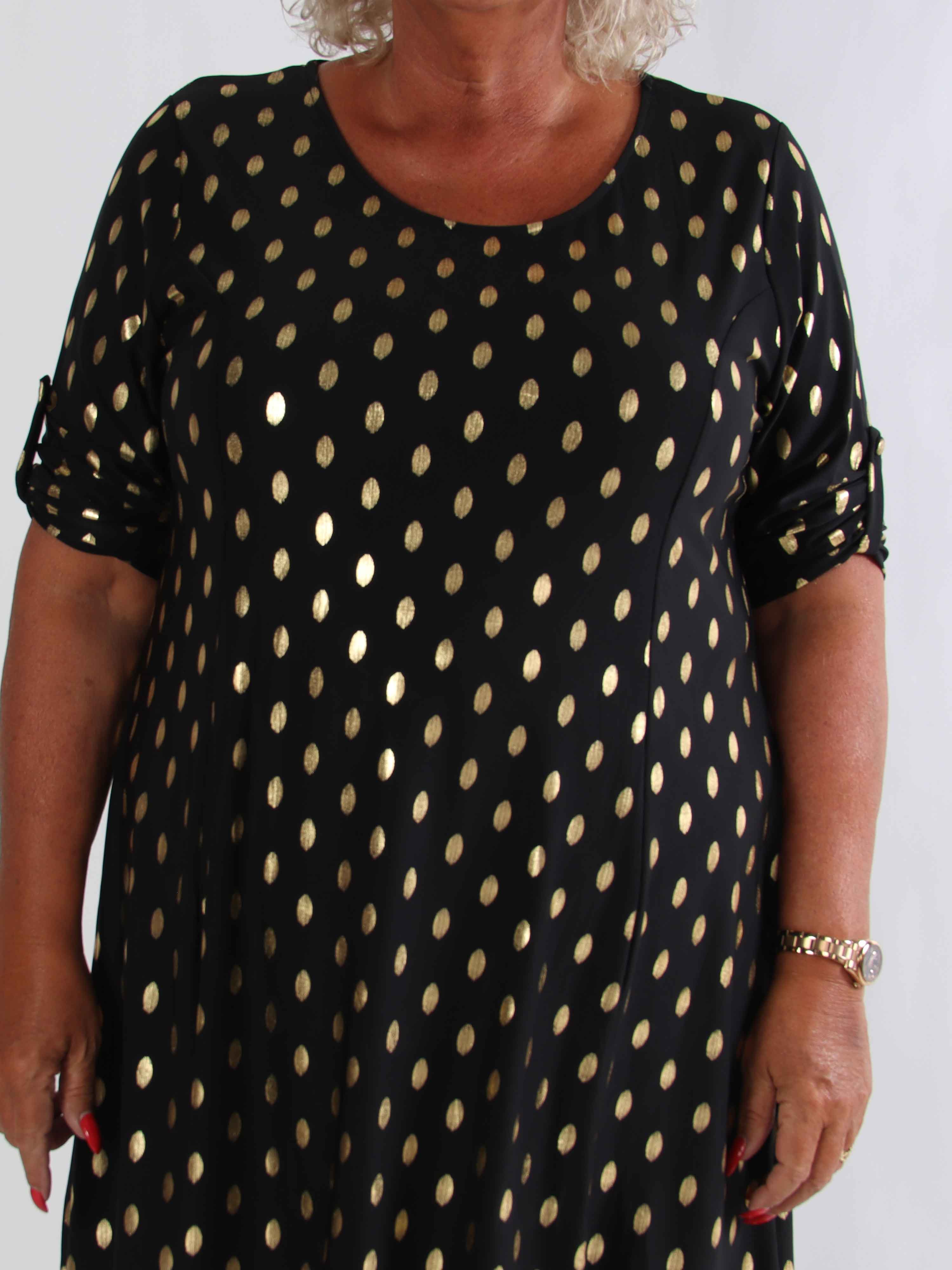 Marlene Gold - Enfärgad elastisk A-linjeformad klänning med guldprickar