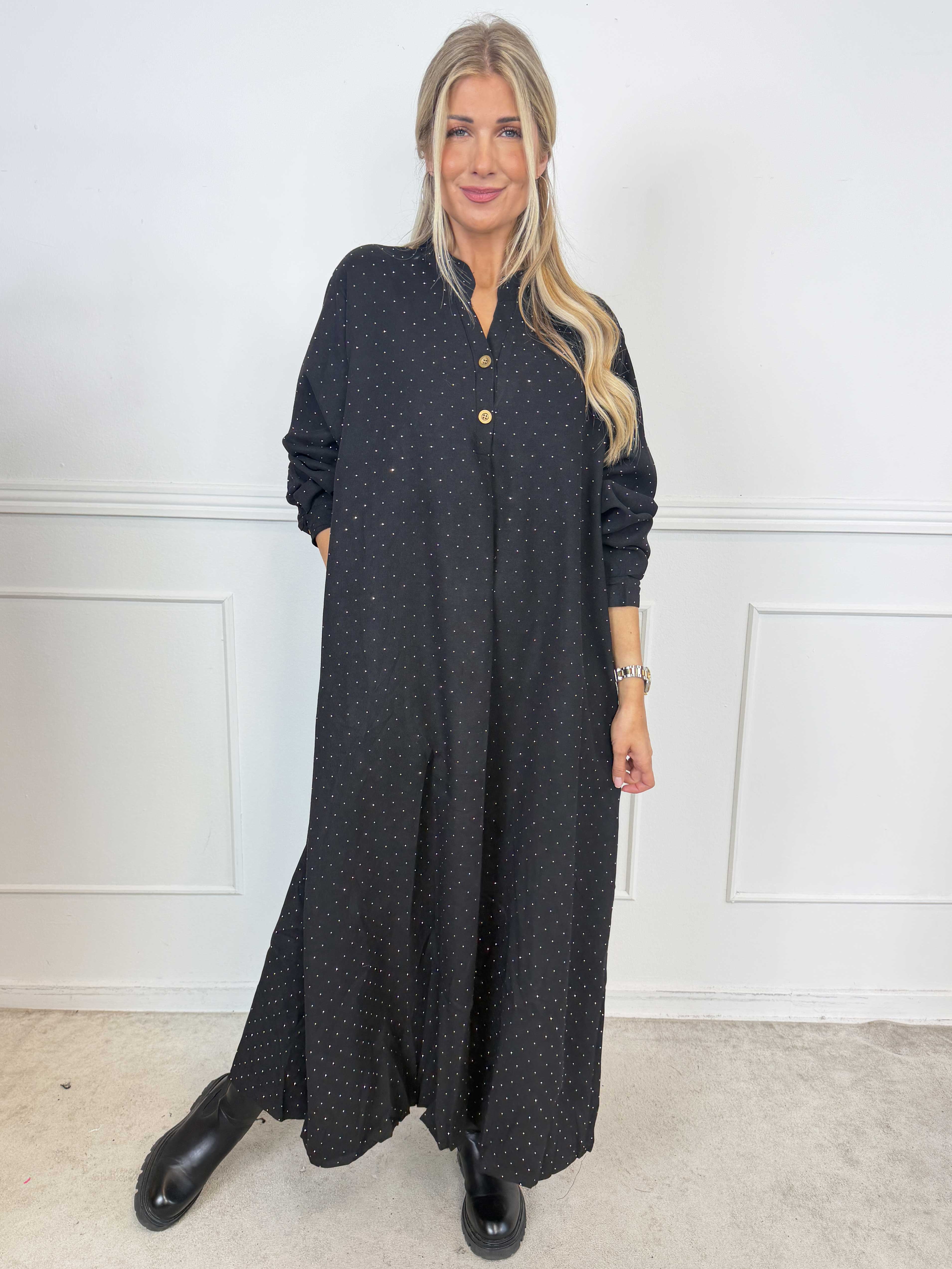 Margaux - Lång och elegant klänning i mjuk babysammet med fina, glittrande strass