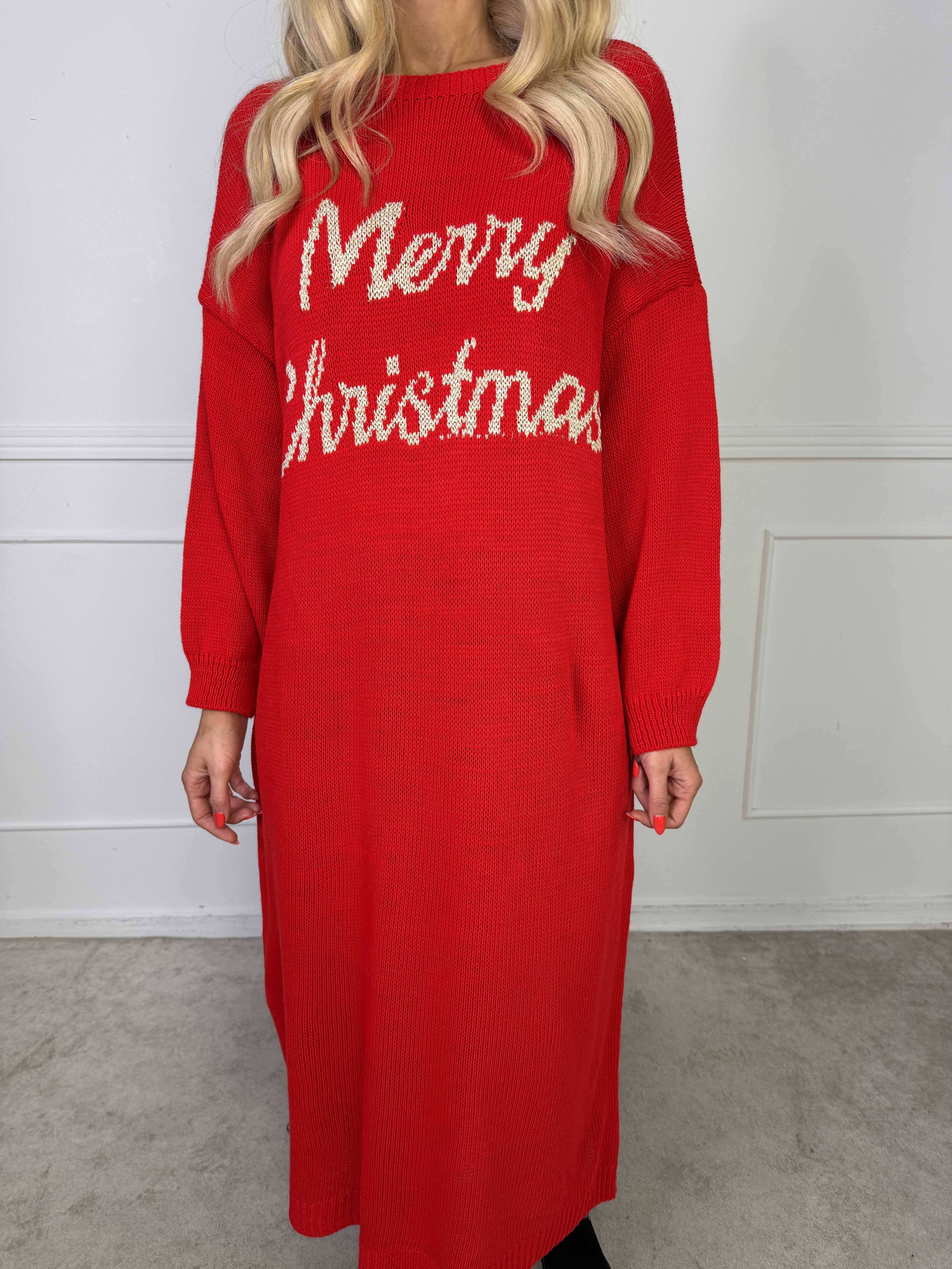 Merry Long - Julestrikkjole med guld skrift