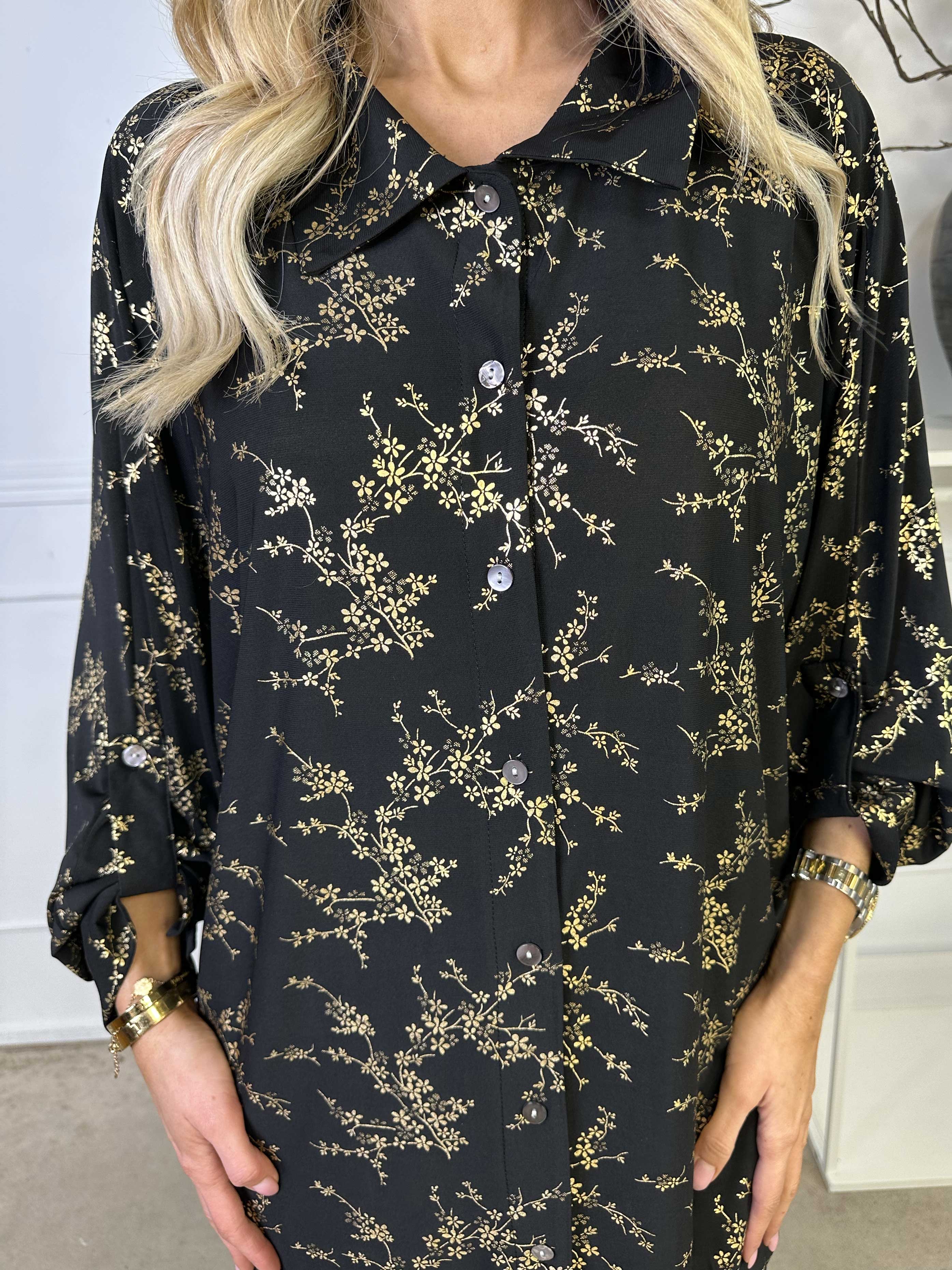 Mia Gold - Skjortklänning med resår och gulddetaljer