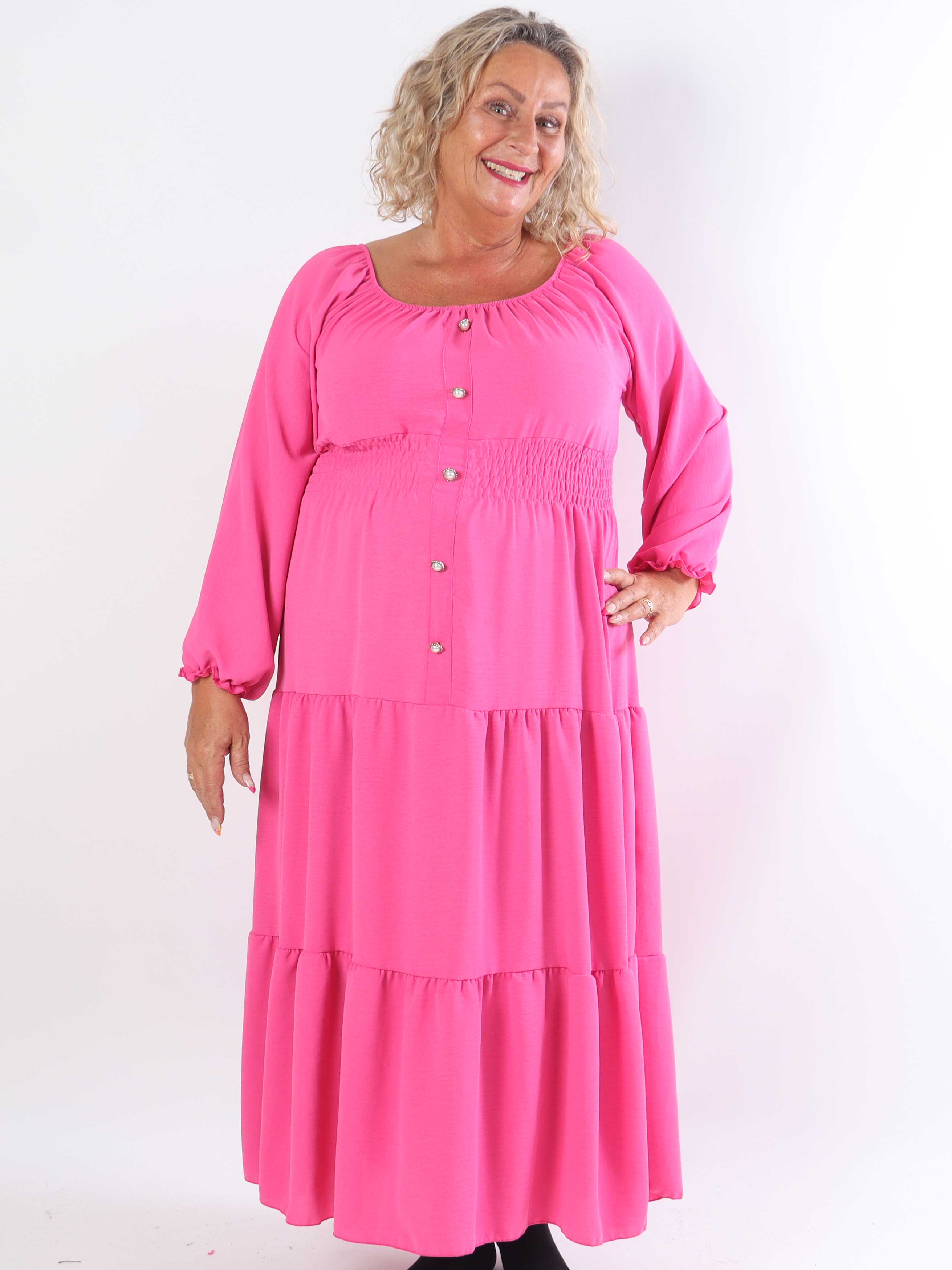 Midnight - Plus size-klänning med smockad midja och guldknappar