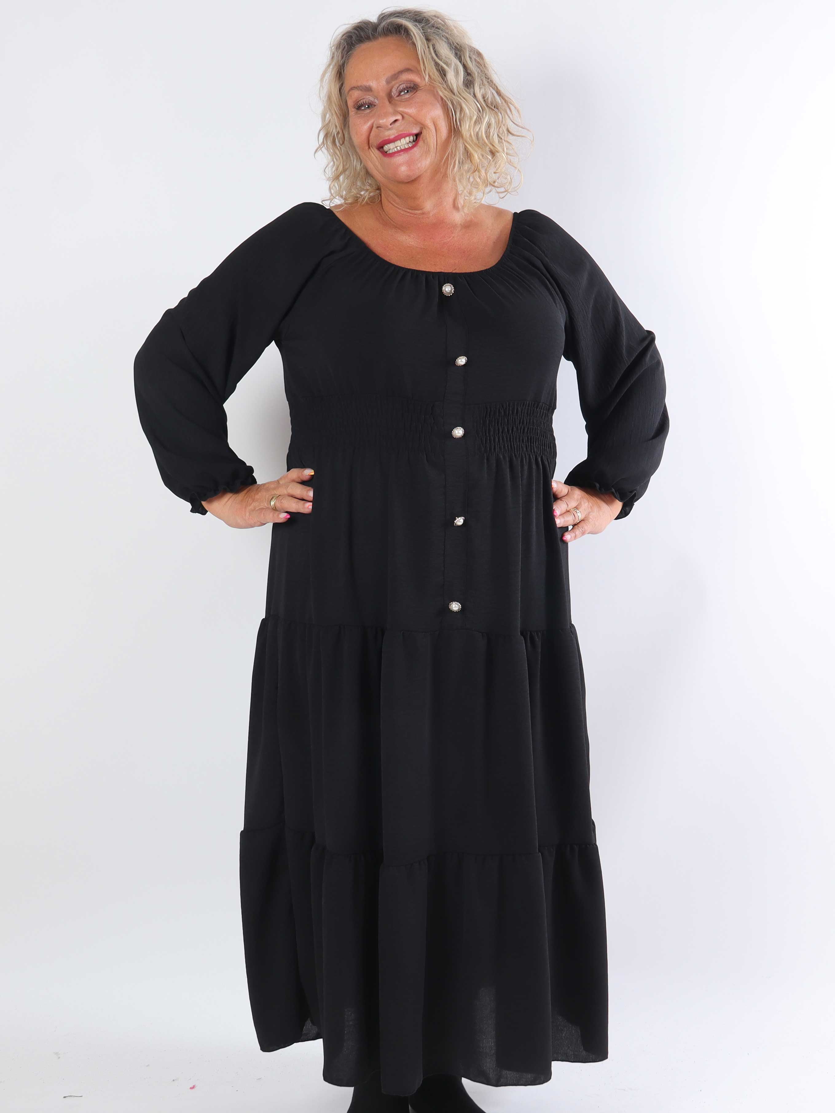 Midnight - Plus size-klänning med smockad midja och guldknappar