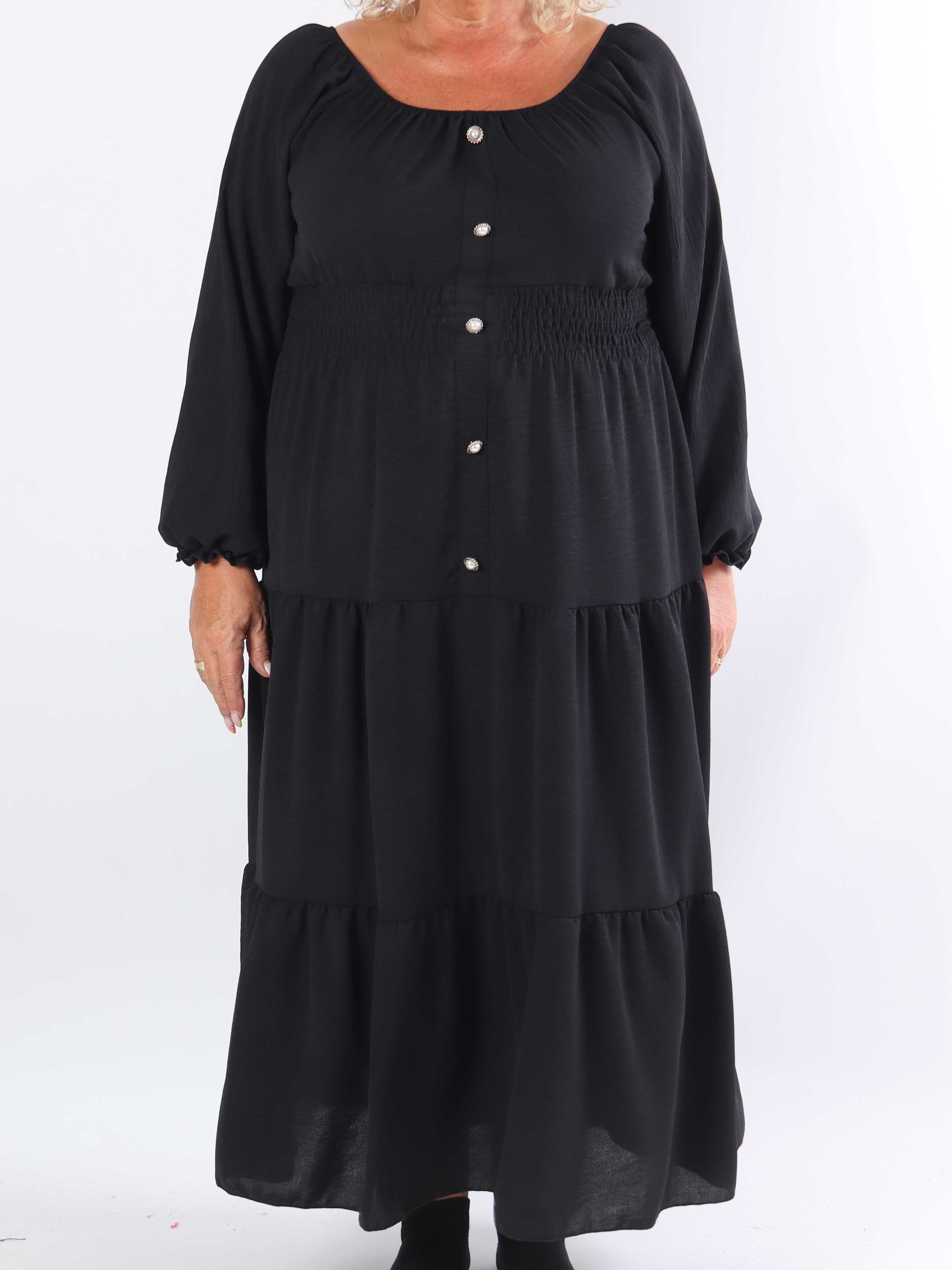 Midnight - Plus size-klänning med smockad midja och guldknappar