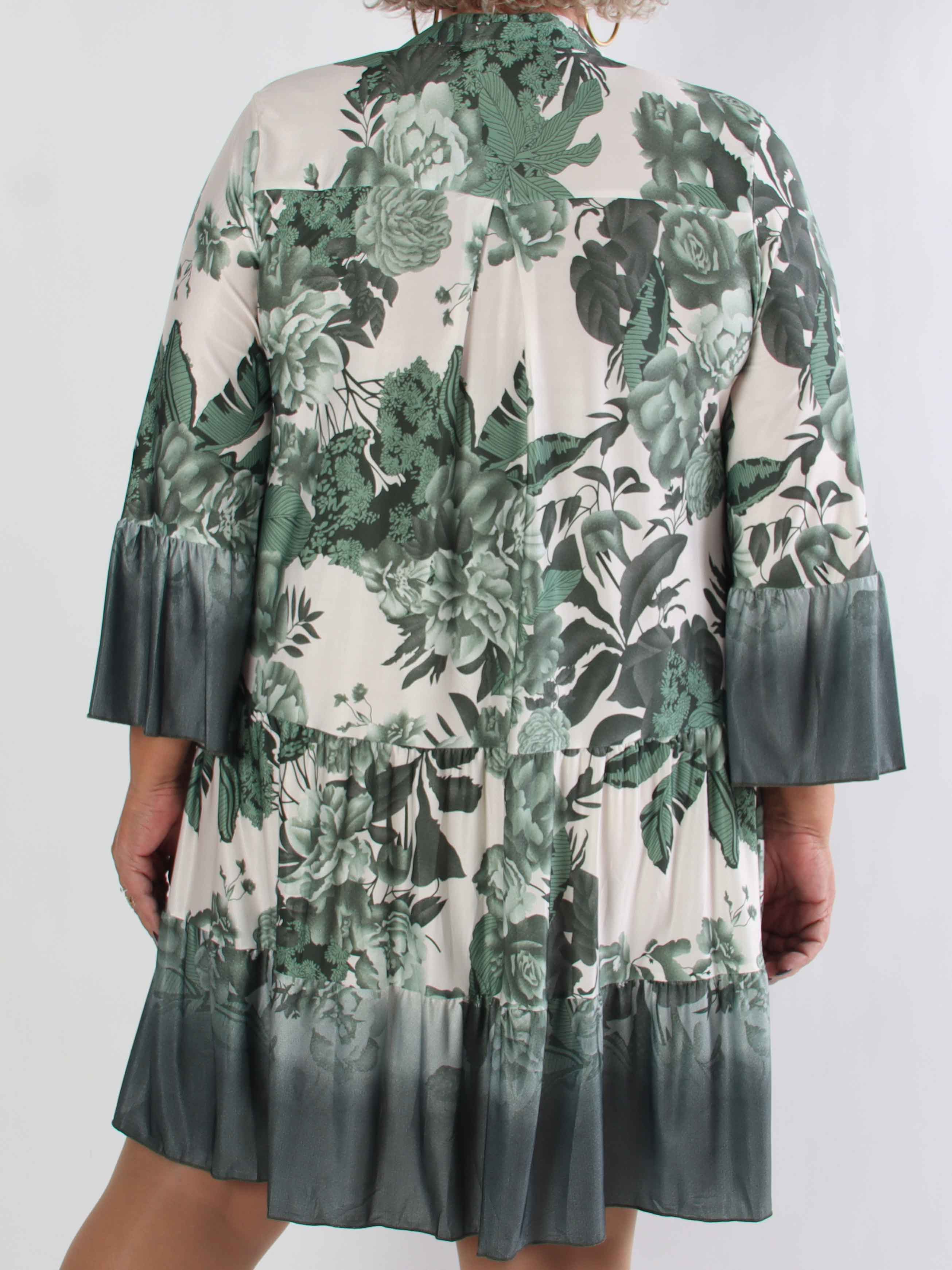 Milania Flower - Elastisk blomstret plus size kjole med flæselag