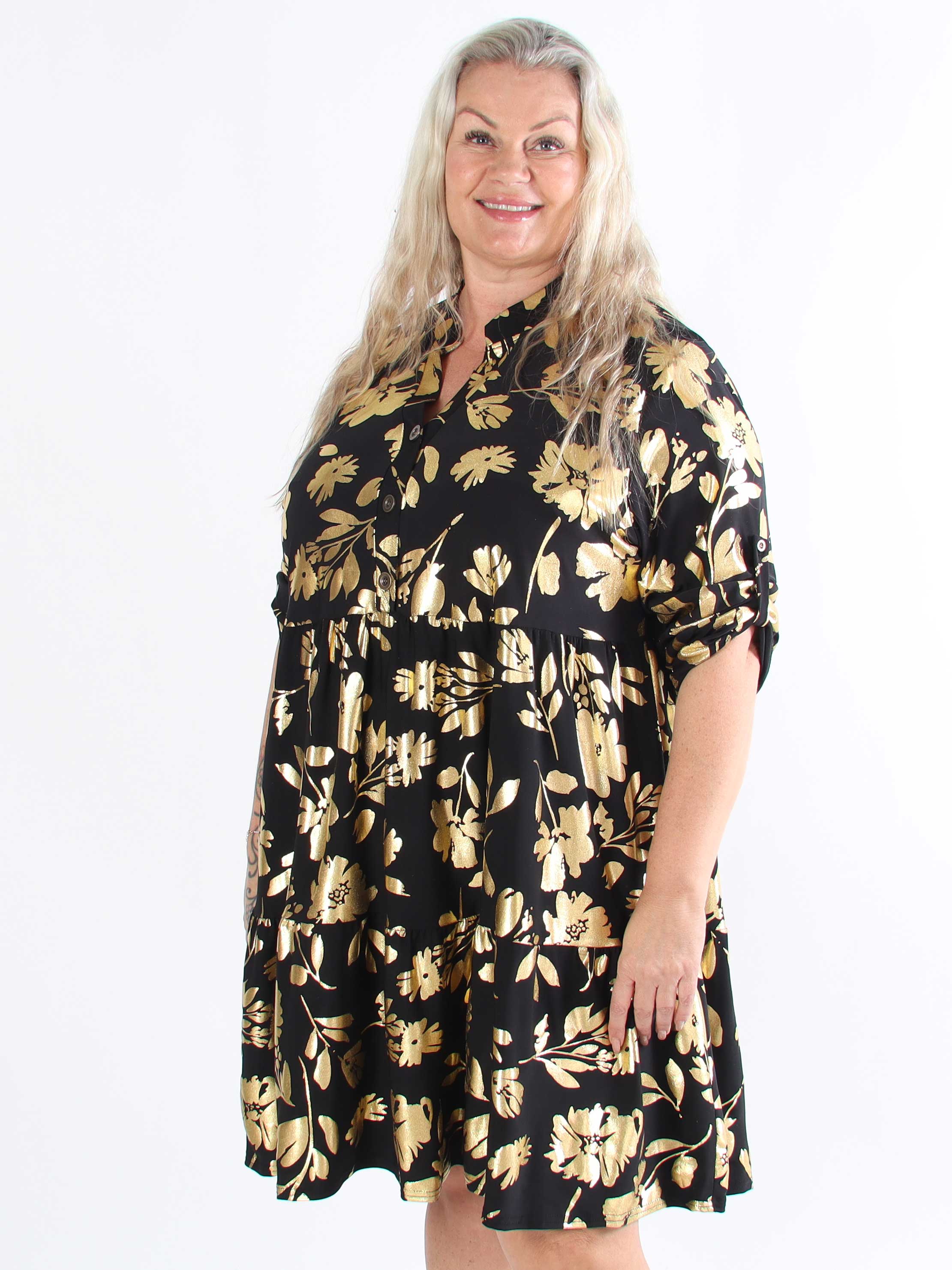 Milano Gold Flower Midi - Plus size-klänning med guldblad och lager-på-lager-look