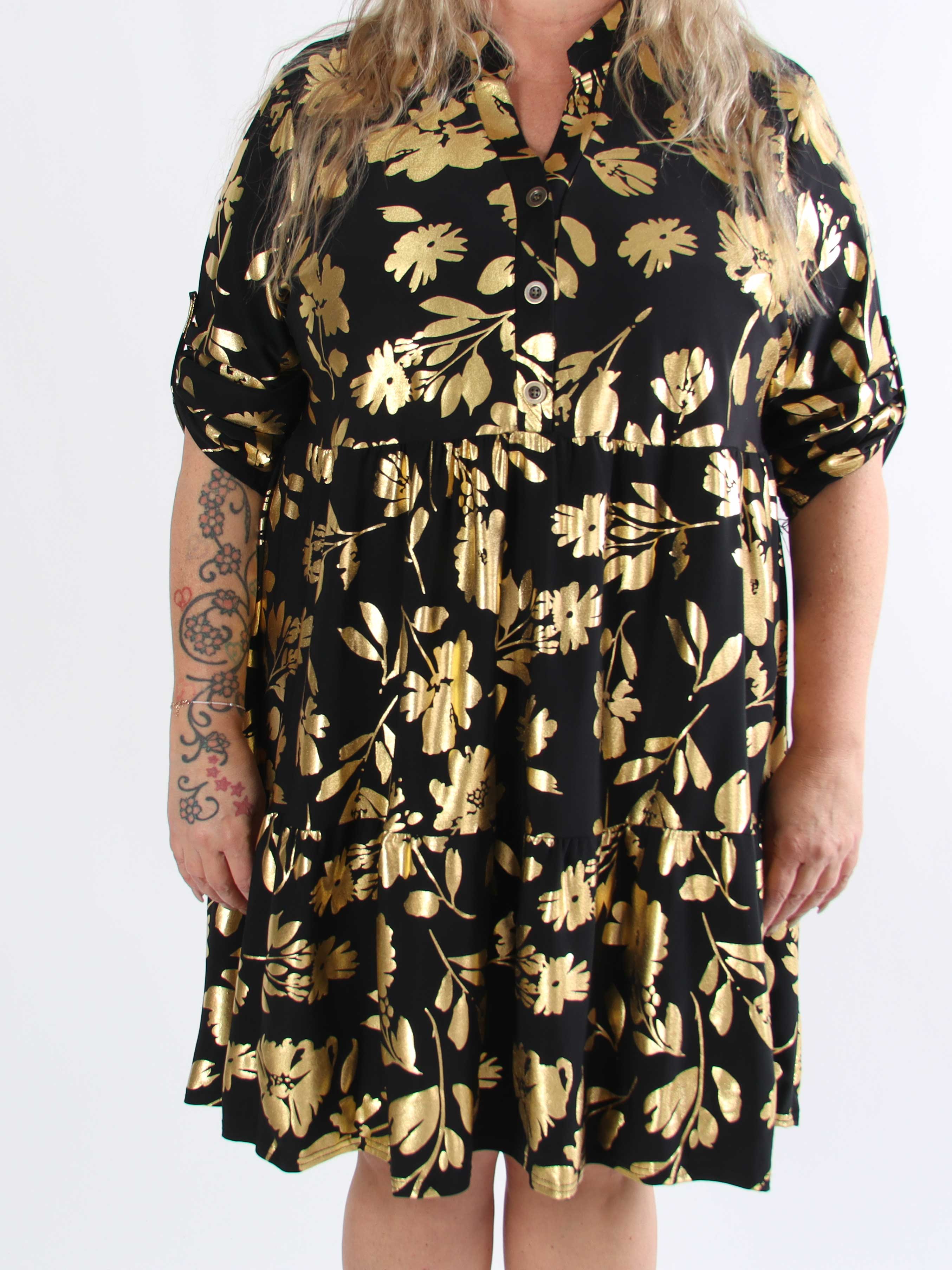 Milano Gold Flower Midi - Plus size-klänning med guldblad och lager-på-lager-look