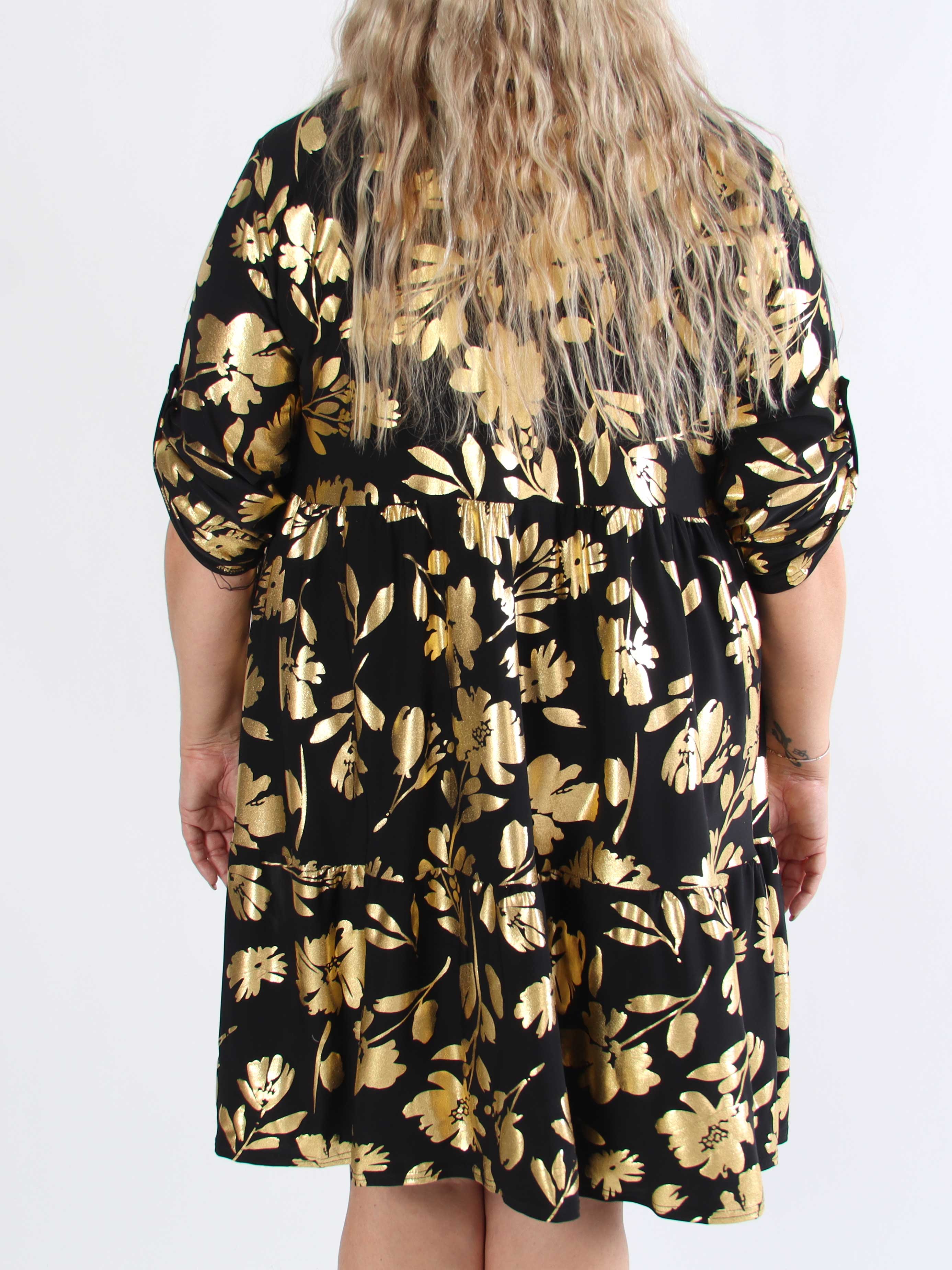 Milano Gold Flower Midi - Plus size-klänning med guldblad och lager-på-lager-look