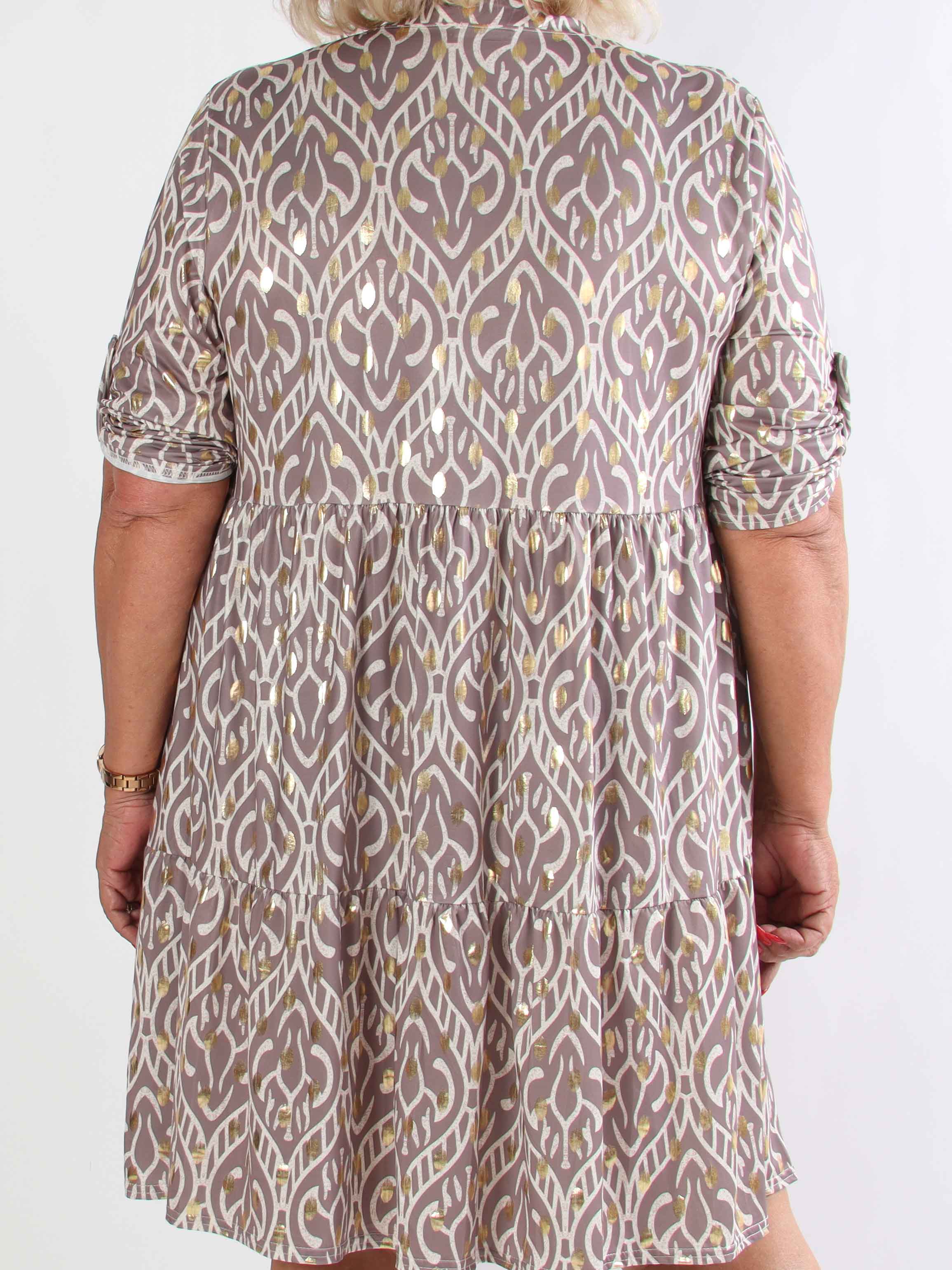 Milano Boho Midi - Mönstrad plus size klänning med guldfärgade prickar och lager-på-lager-look