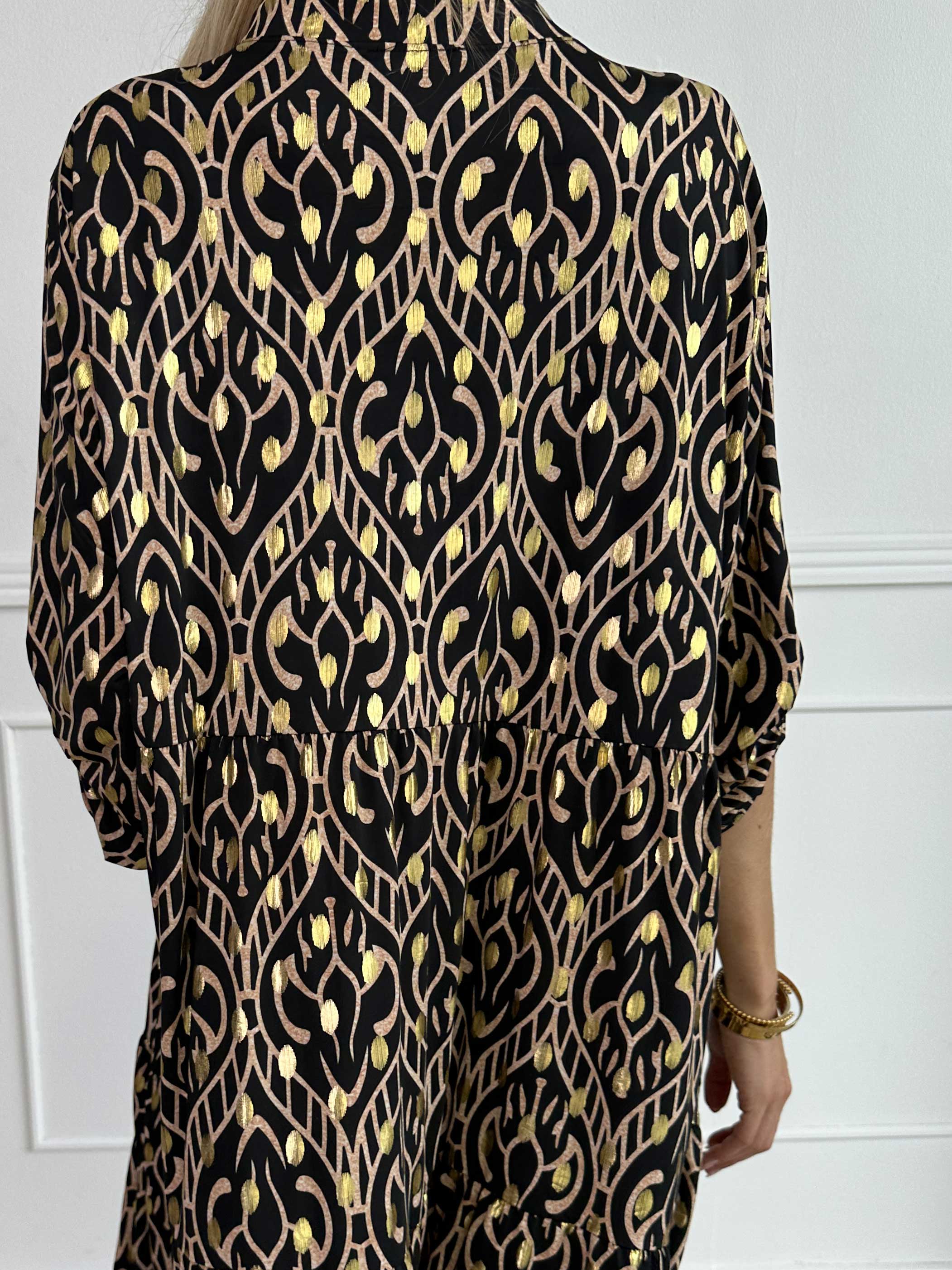 Milano Boho Midi - Mönstrad klänning med guldfärgade prickar och lager-på-lager-look