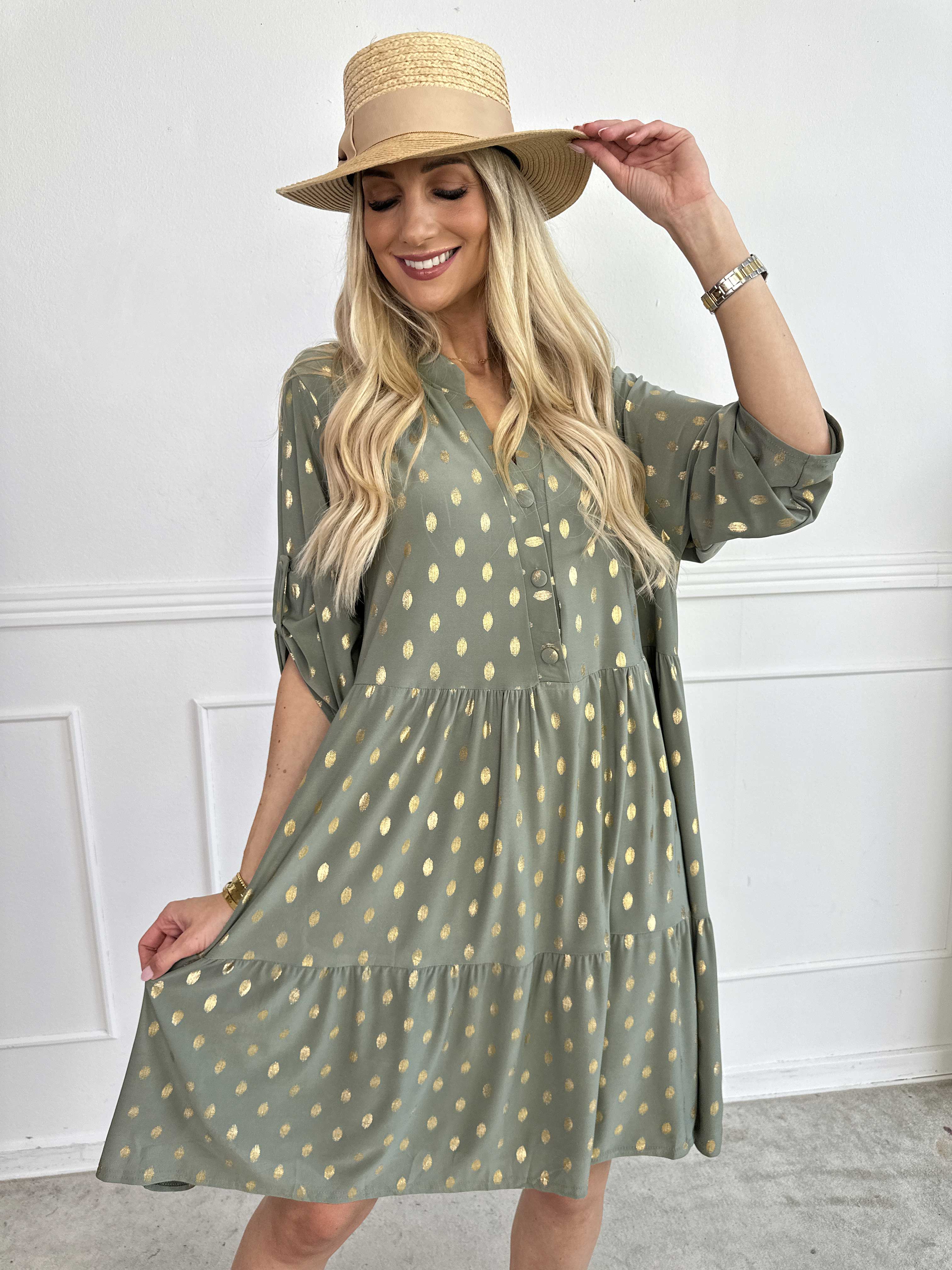 Milano Gold Midi - Elastisk klänning med guldiga prickar och lager på lager look