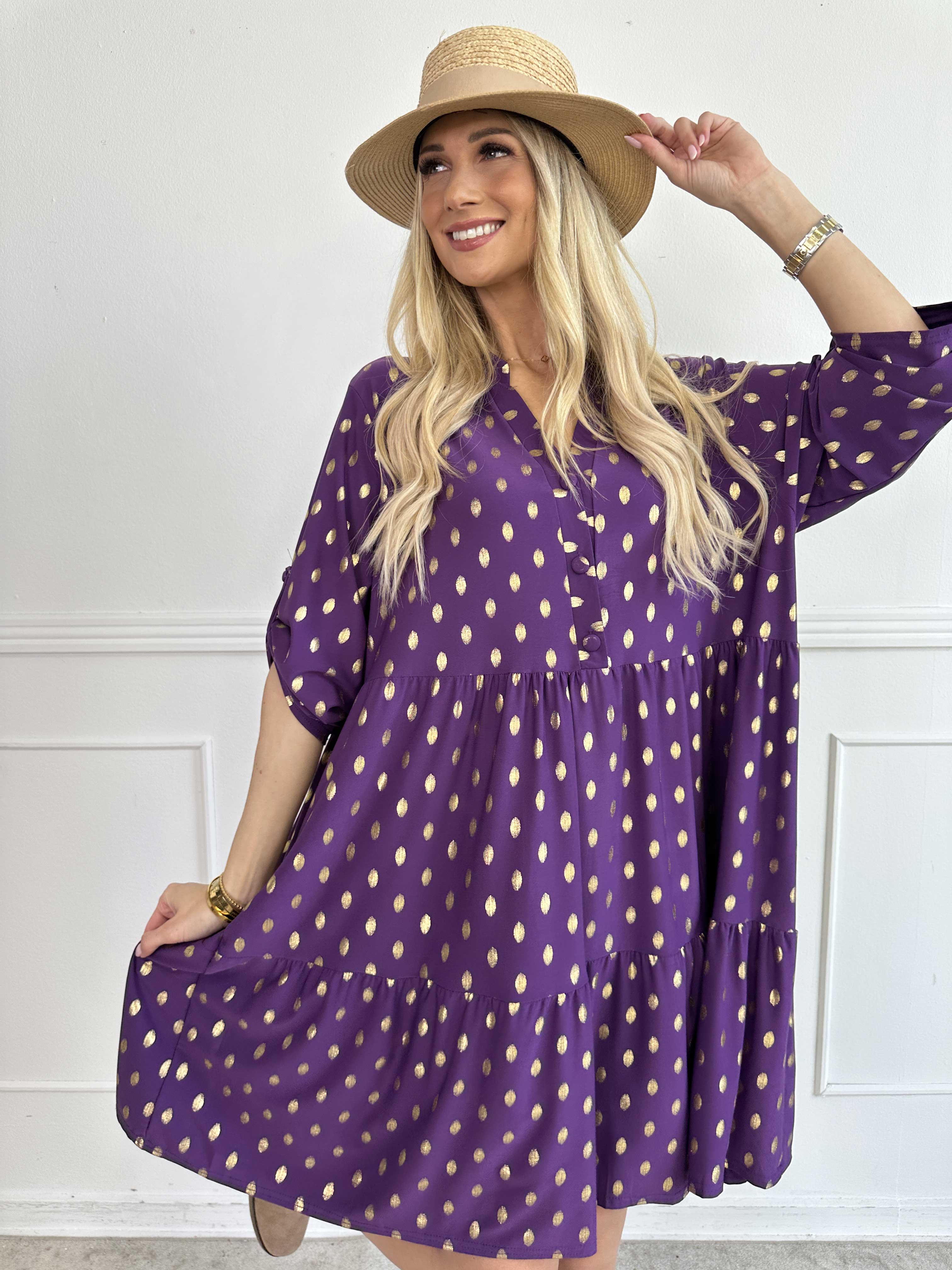 Milano Gold Midi - Elastisk klänning med guldiga prickar och lager på lager look