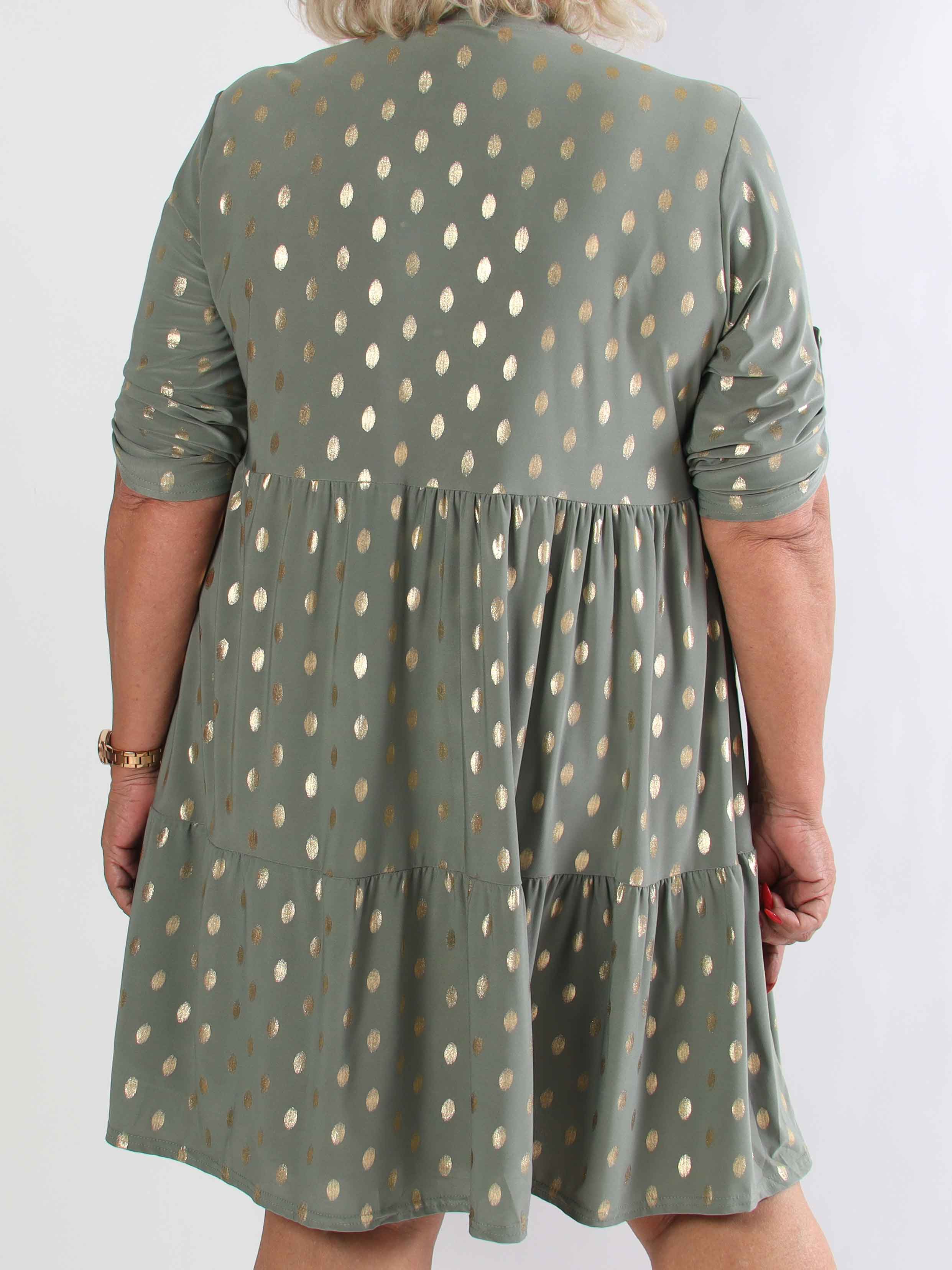 Milano Gold Midi - Plus size klänning med guldiga prickar och lager på lager look
