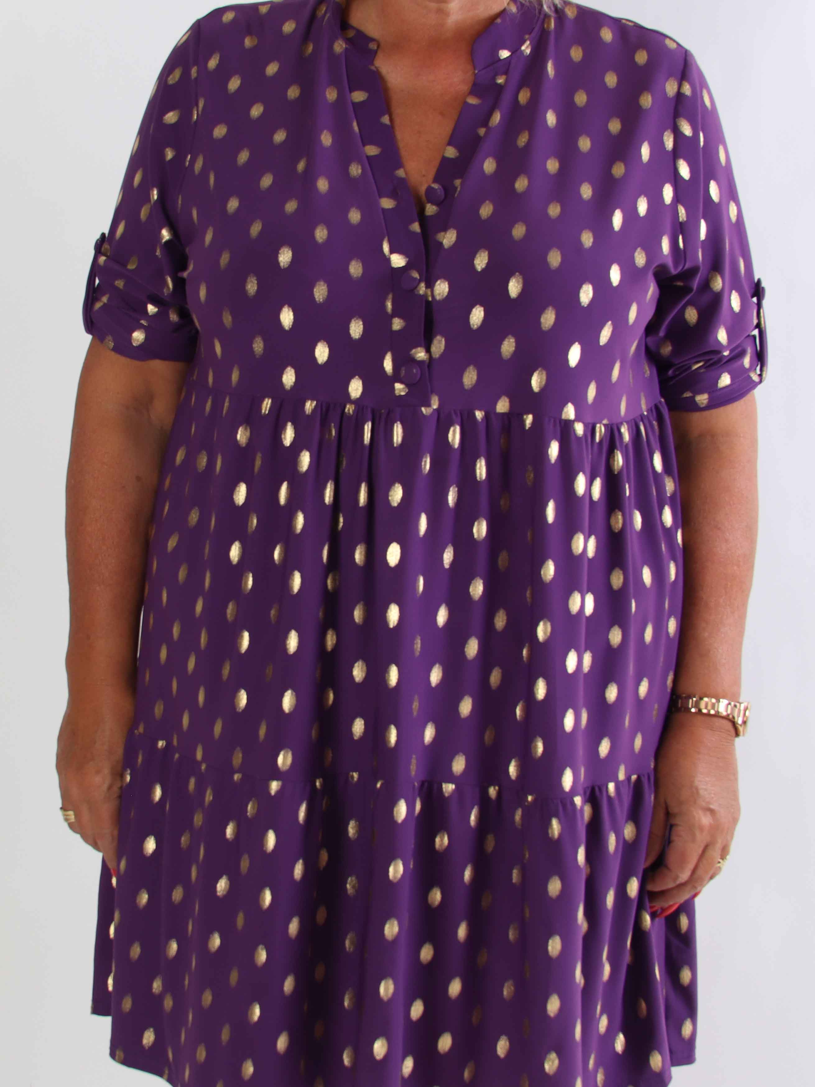 Milano Gold Midi - Plus size klänning med guldiga prickar och lager på lager look