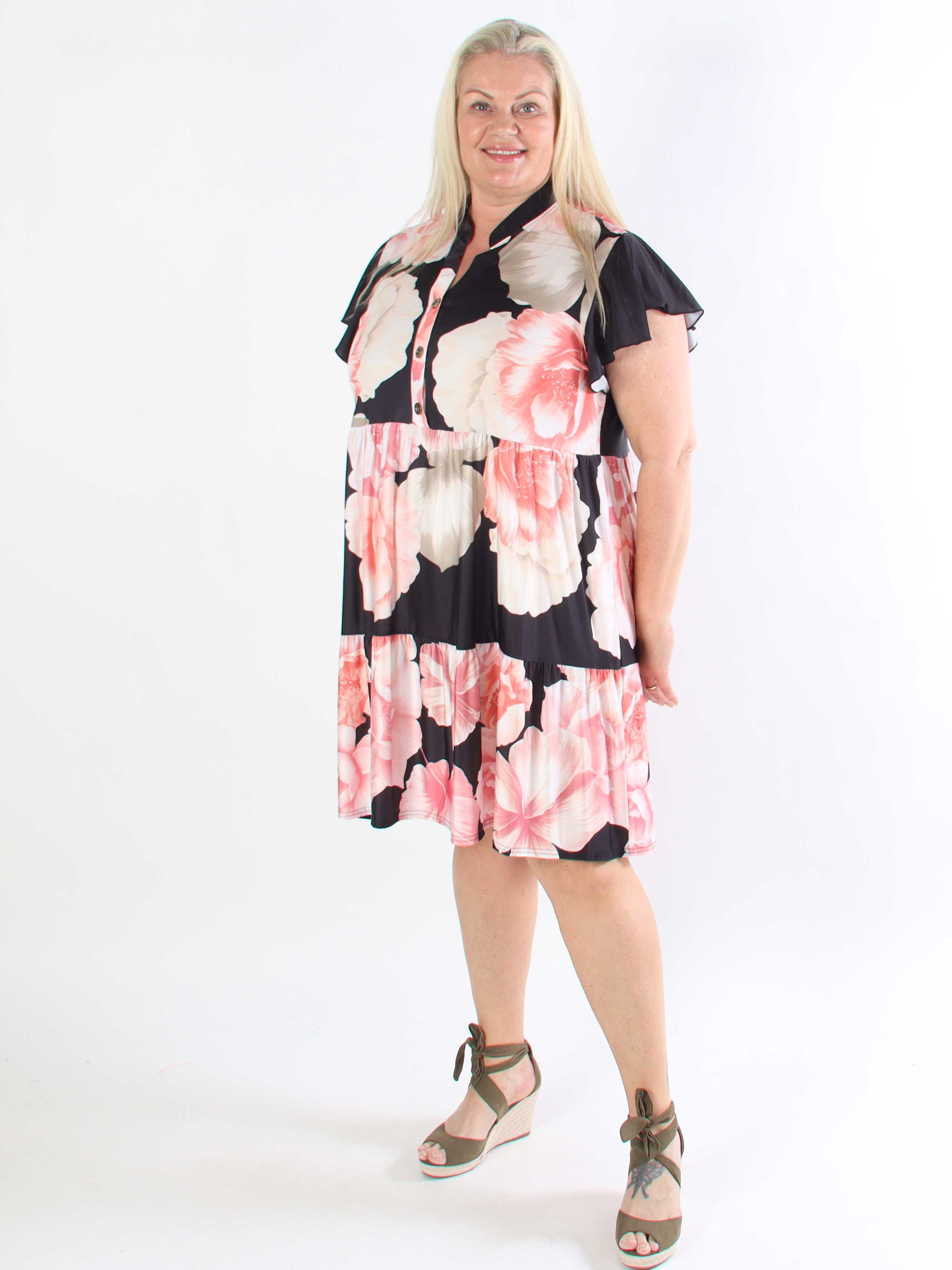 Milano Peony Midi S/S - Blommig plus size klänning med lager på lager look