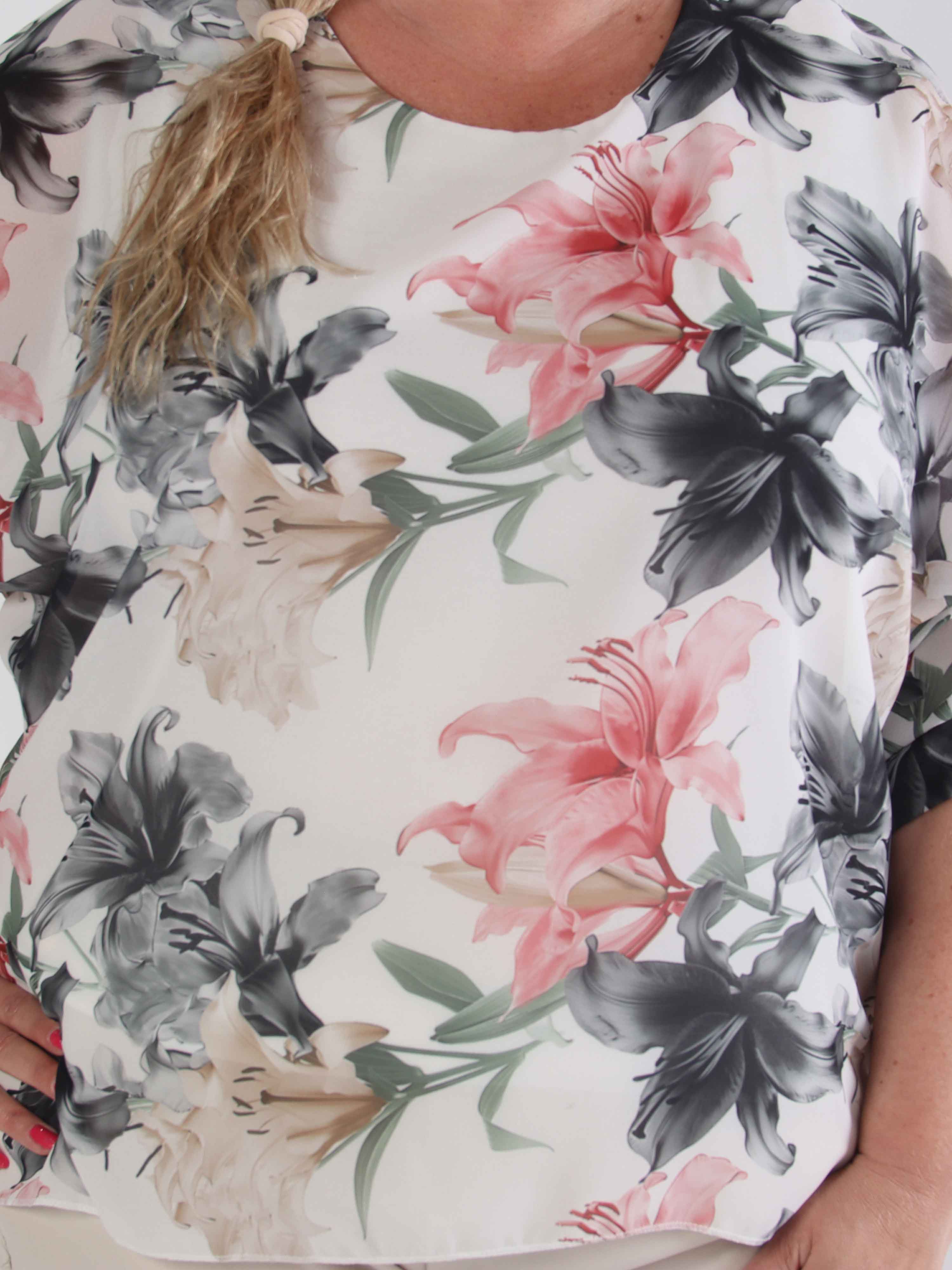 Minna - Blommig plus size-tunika i chiffong med viskostopp