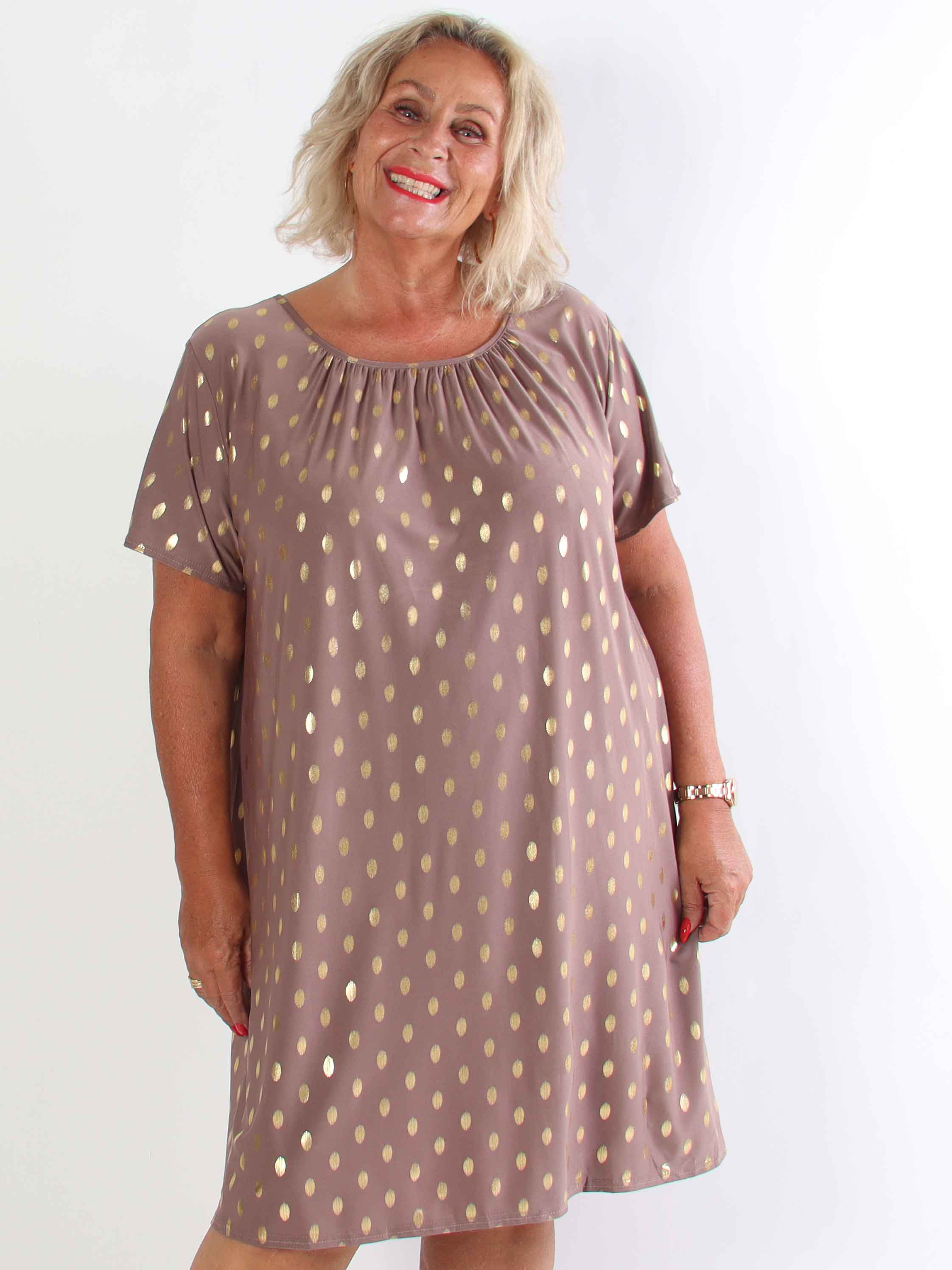 Miravi Gold - Løs kjole i elastisk stof med guld dutter