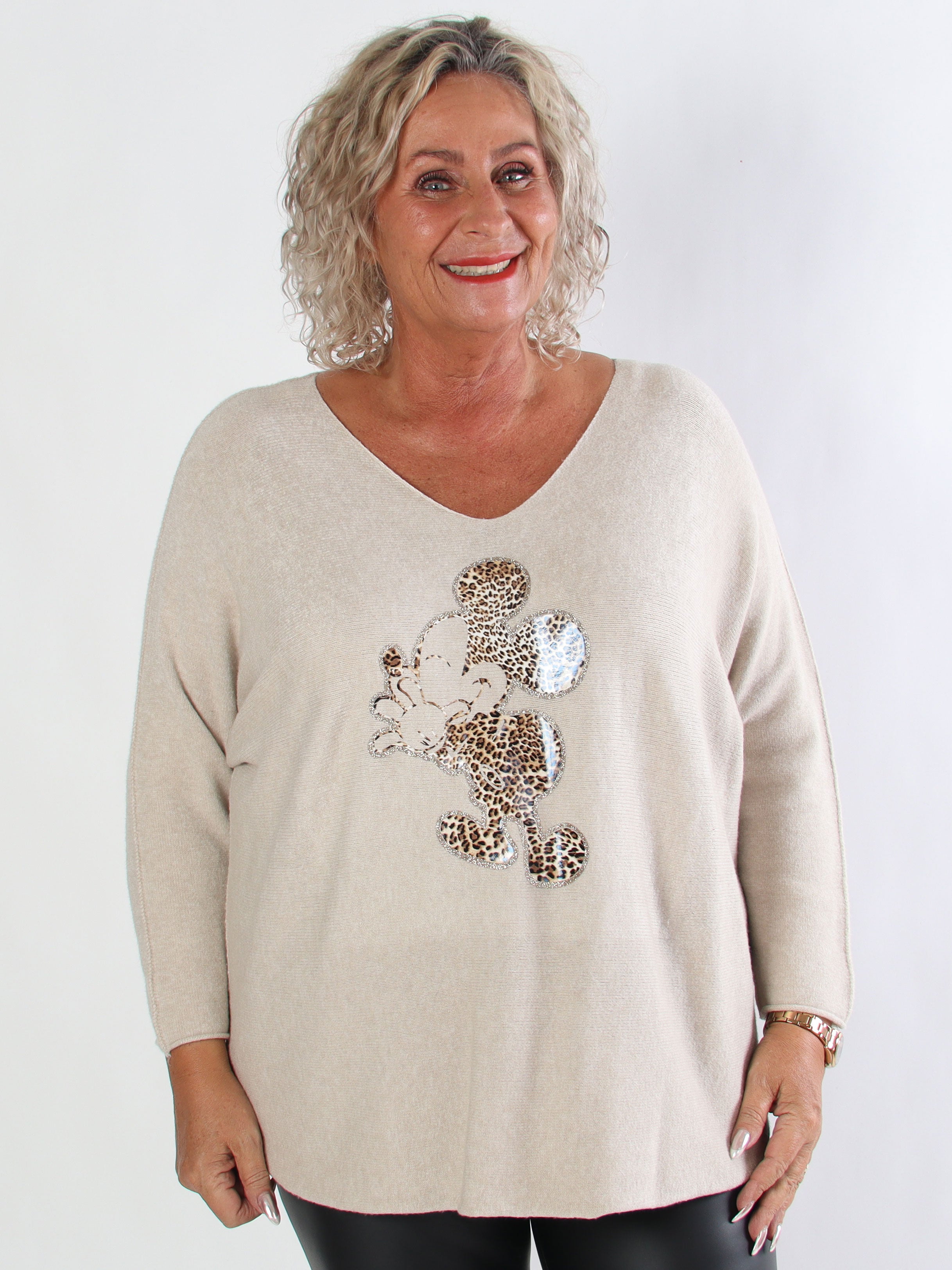 Mouse - Mjuk plus size tröja med mickey tryck i leopardmönster