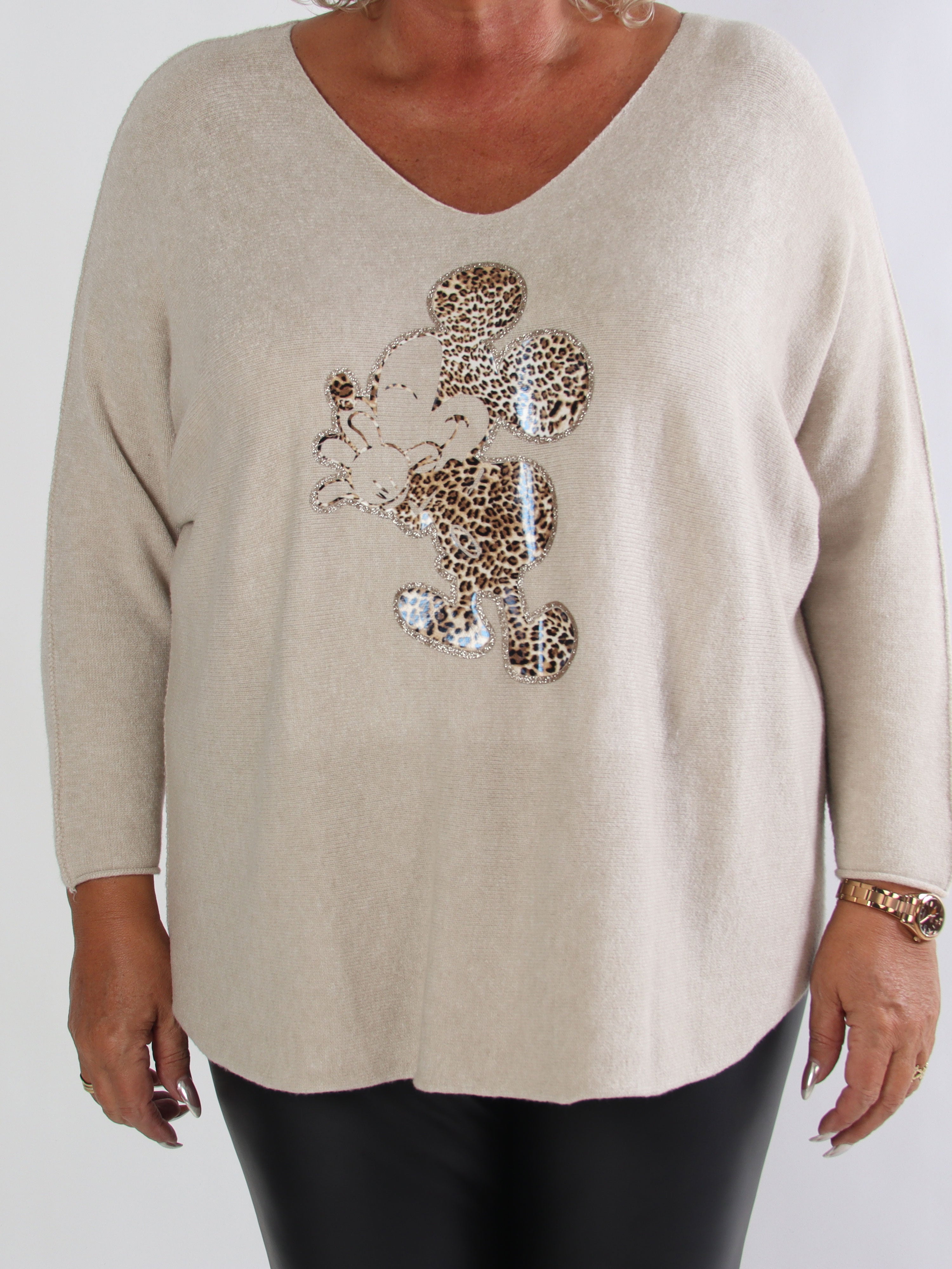 Mouse - Mjuk plus size tröja med mickey tryck i leopardmönster