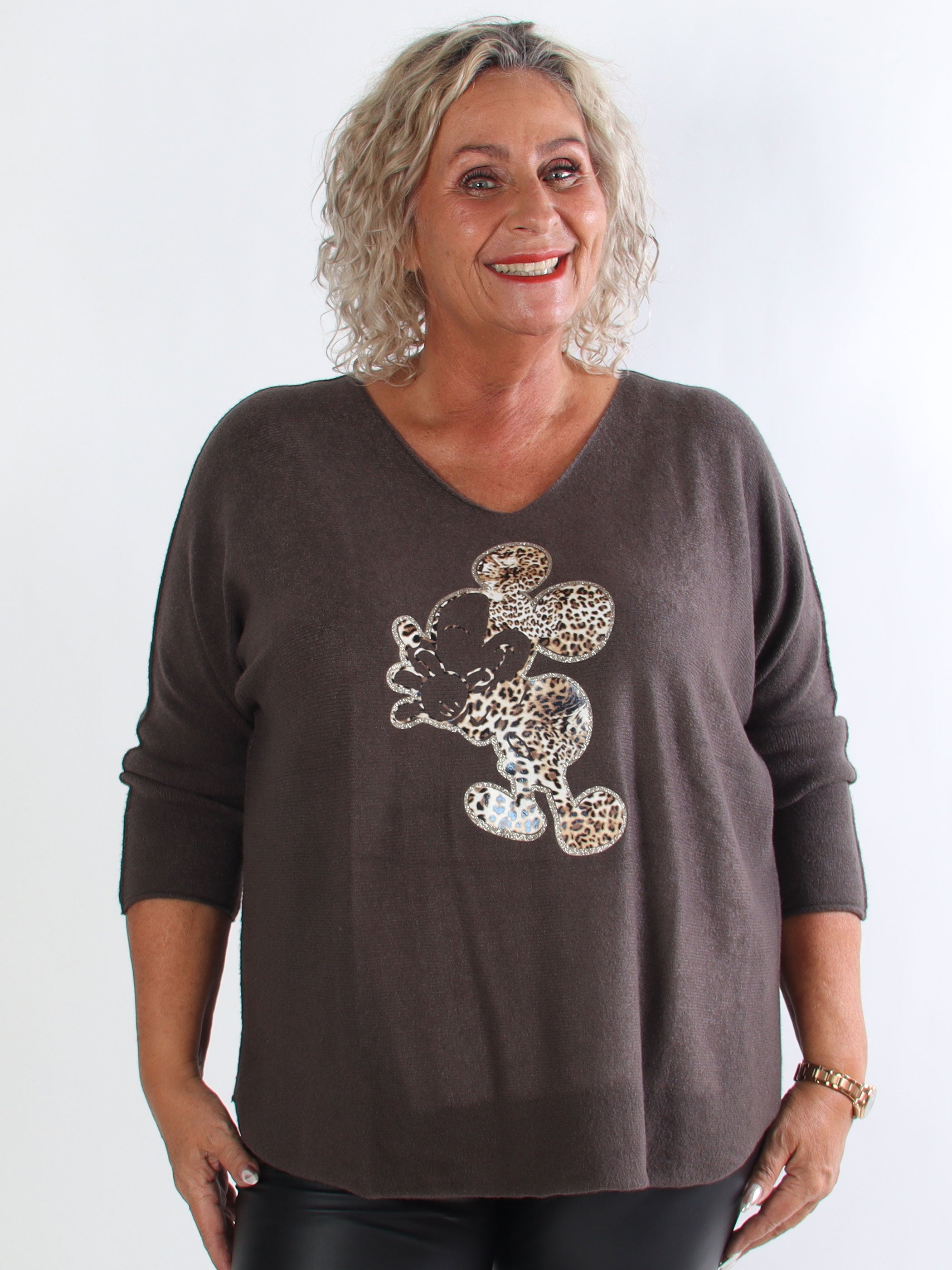 Mouse - Mjuk plus size tröja med mickey tryck i leopardmönster