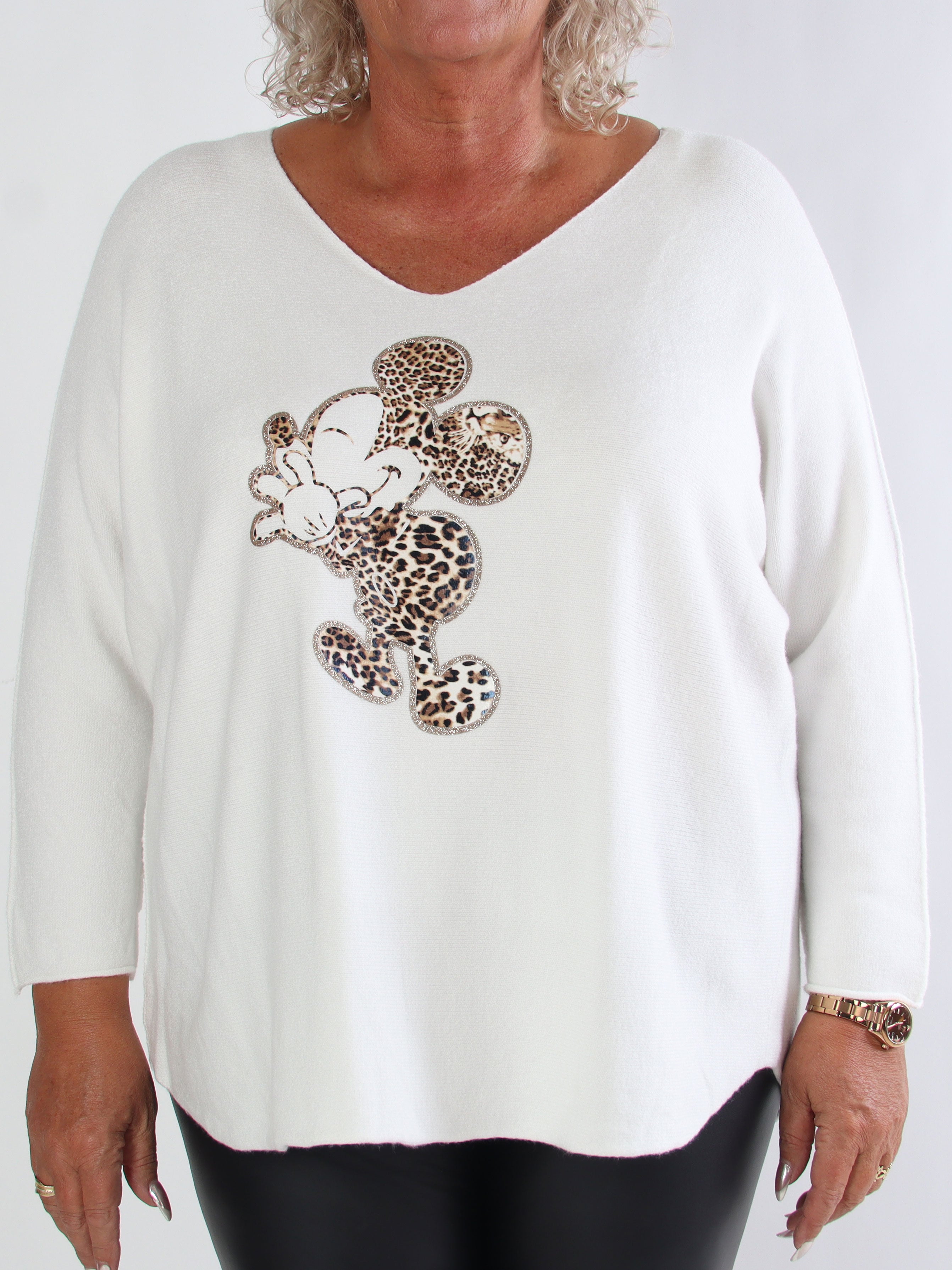 Mouse - Mjuk plus size tröja med mickey tryck i leopardmönster