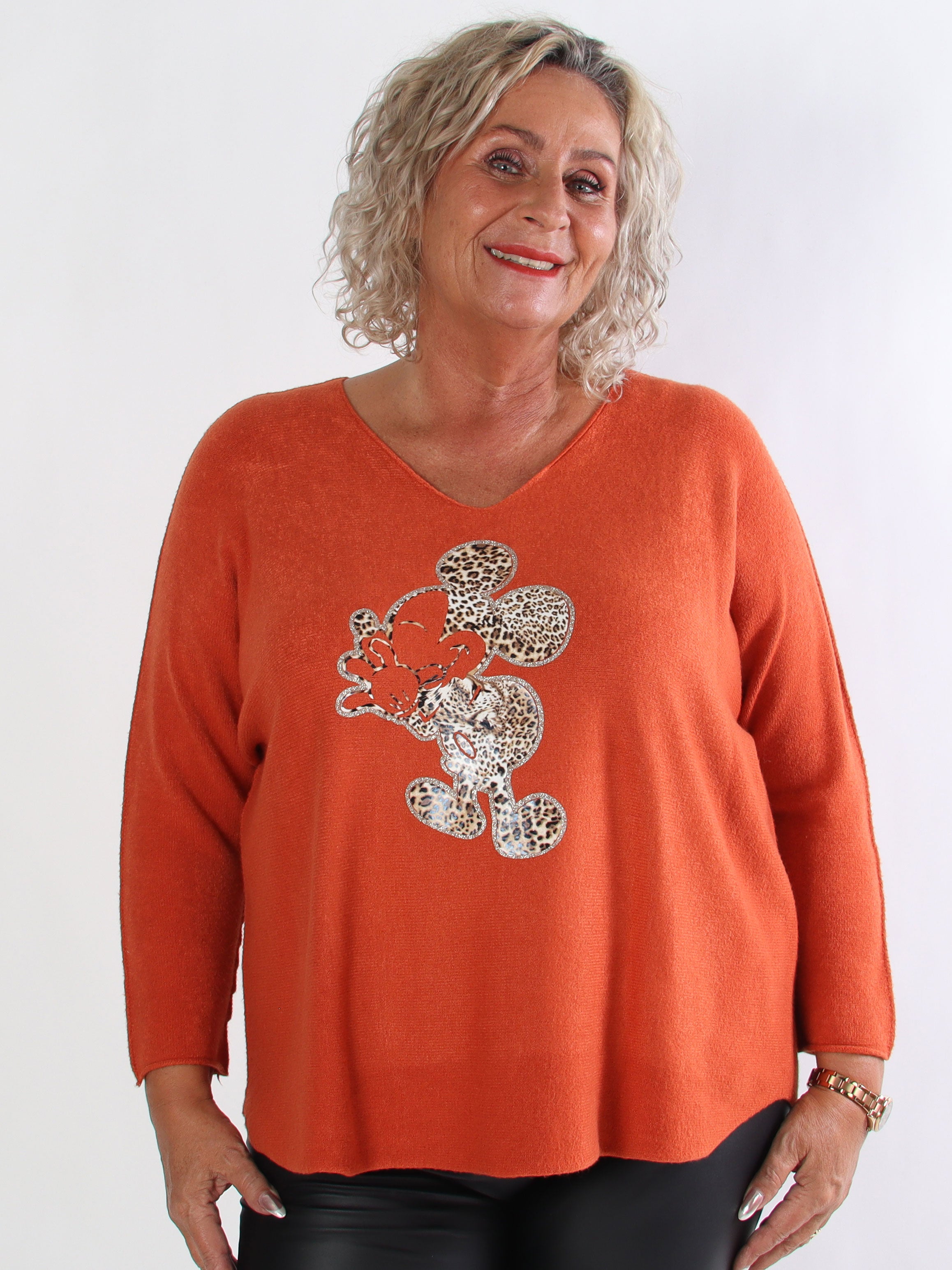 Mouse - Mjuk plus size tröja med mickey tryck i leopardmönster