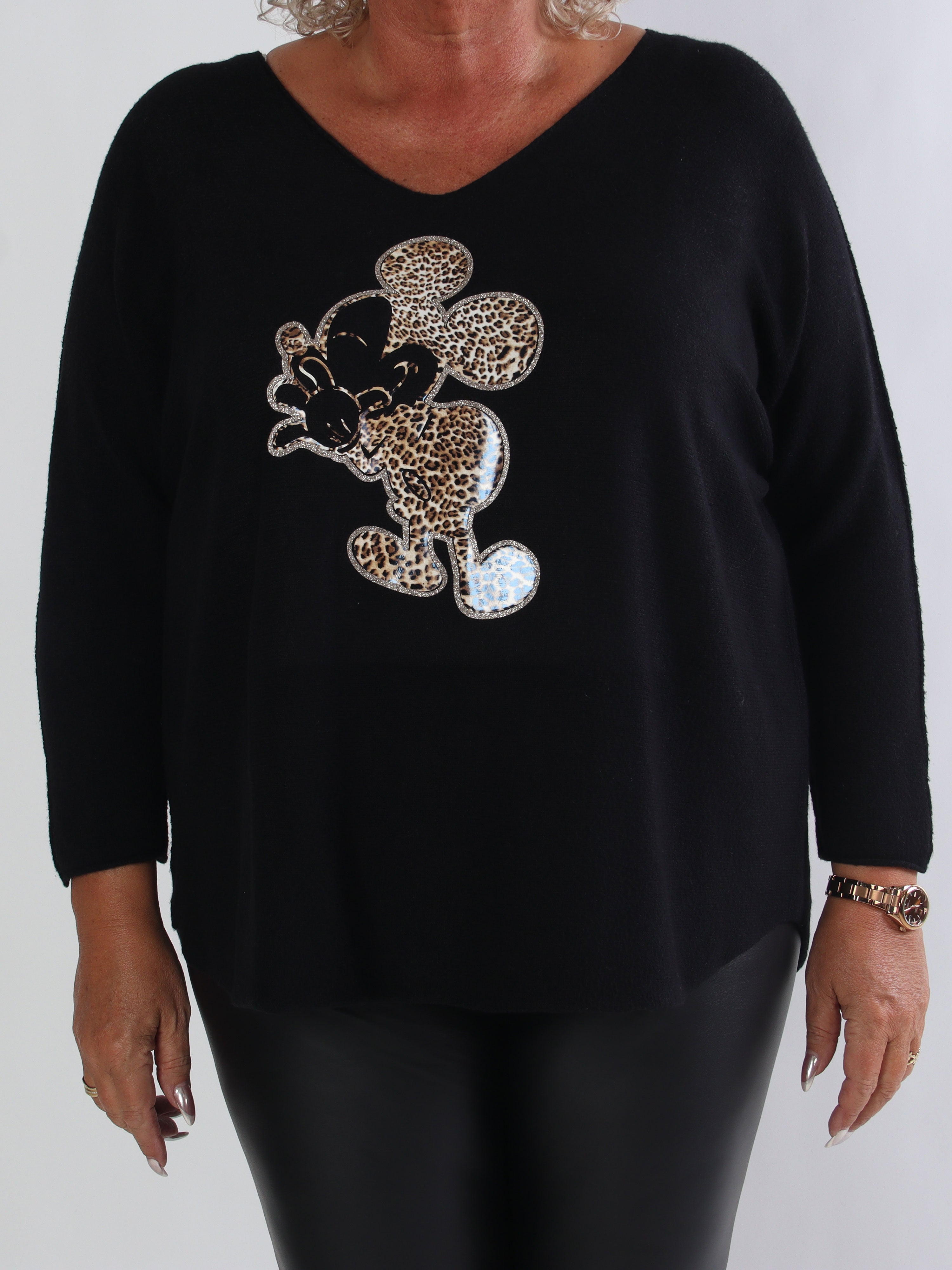 Mouse - Mjuk plus size tröja med mickey tryck i leopardmönster